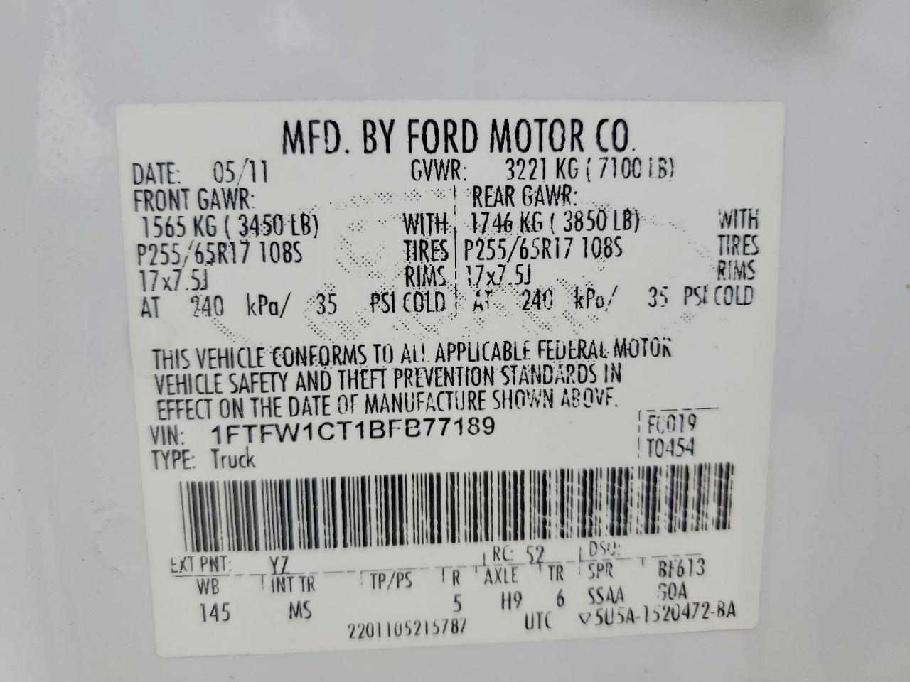 2011 Ford F150 Белый vin: 1FTFW1CT1BFB77189