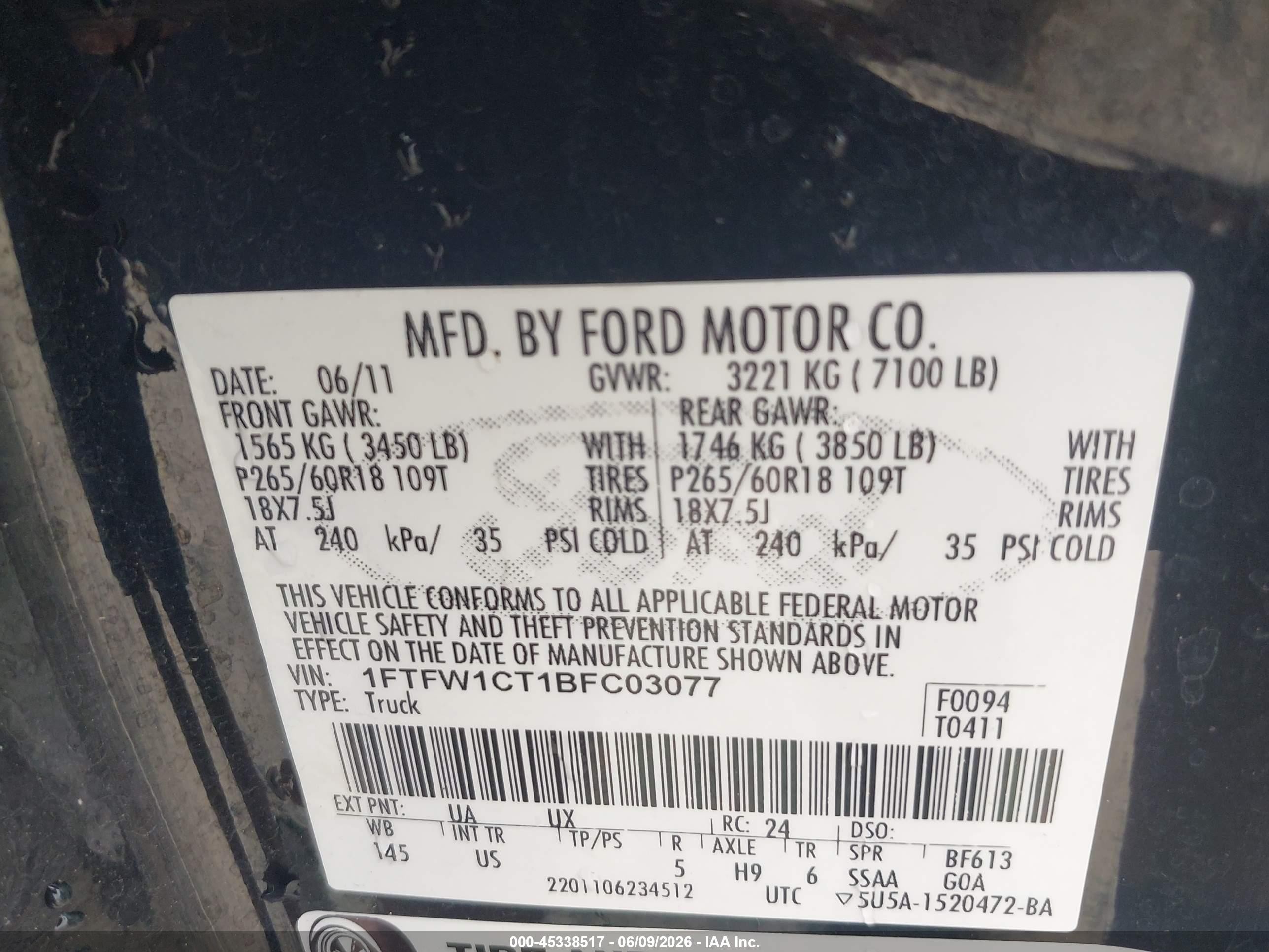 2011 Ford F-150 Xlt Black vin: 1FTFW1CT1BFC03077