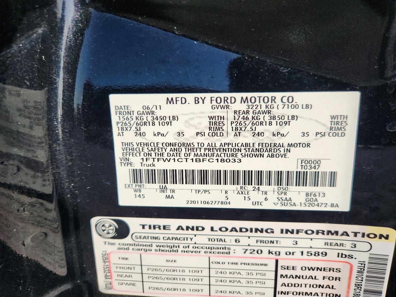 2011 Ford F150 Supercrew Black vin: 1FTFW1CT1BFC18033