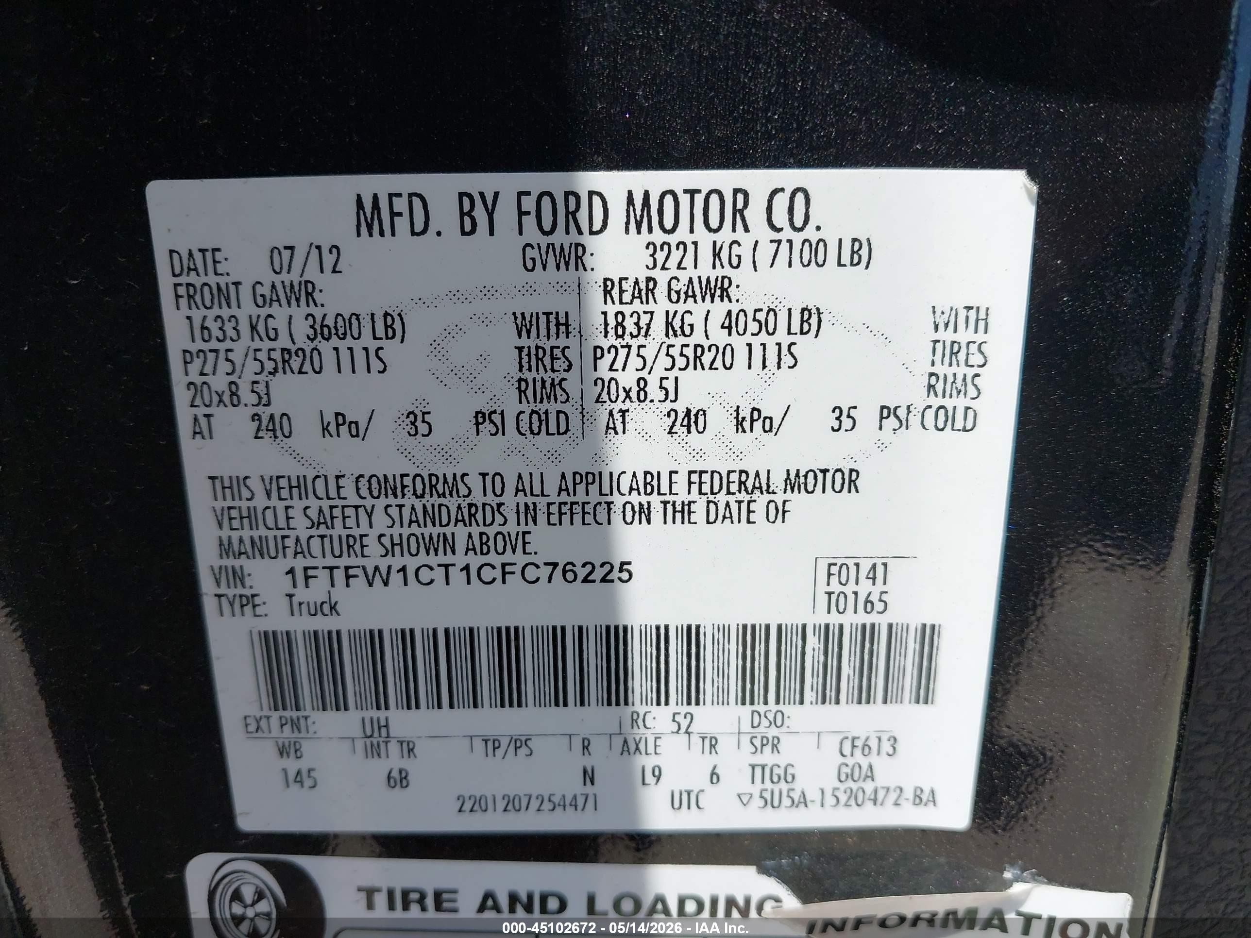 2012 Ford F-150 Fx2 Черный vin: 1FTFW1CT1CFC76225