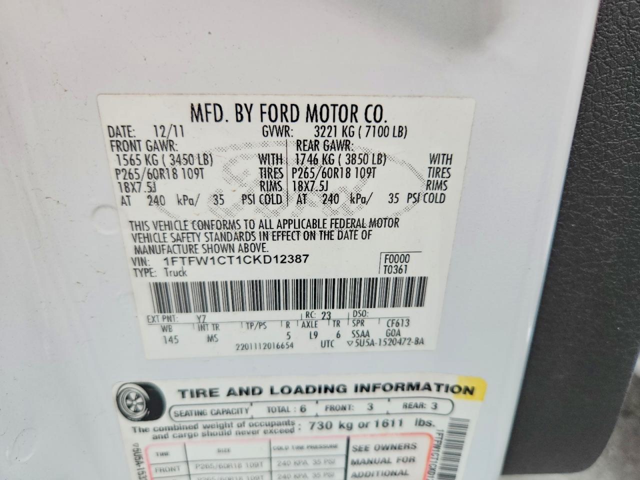 2012 Ford F150 White vin: 1FTFW1CT1CKD12387