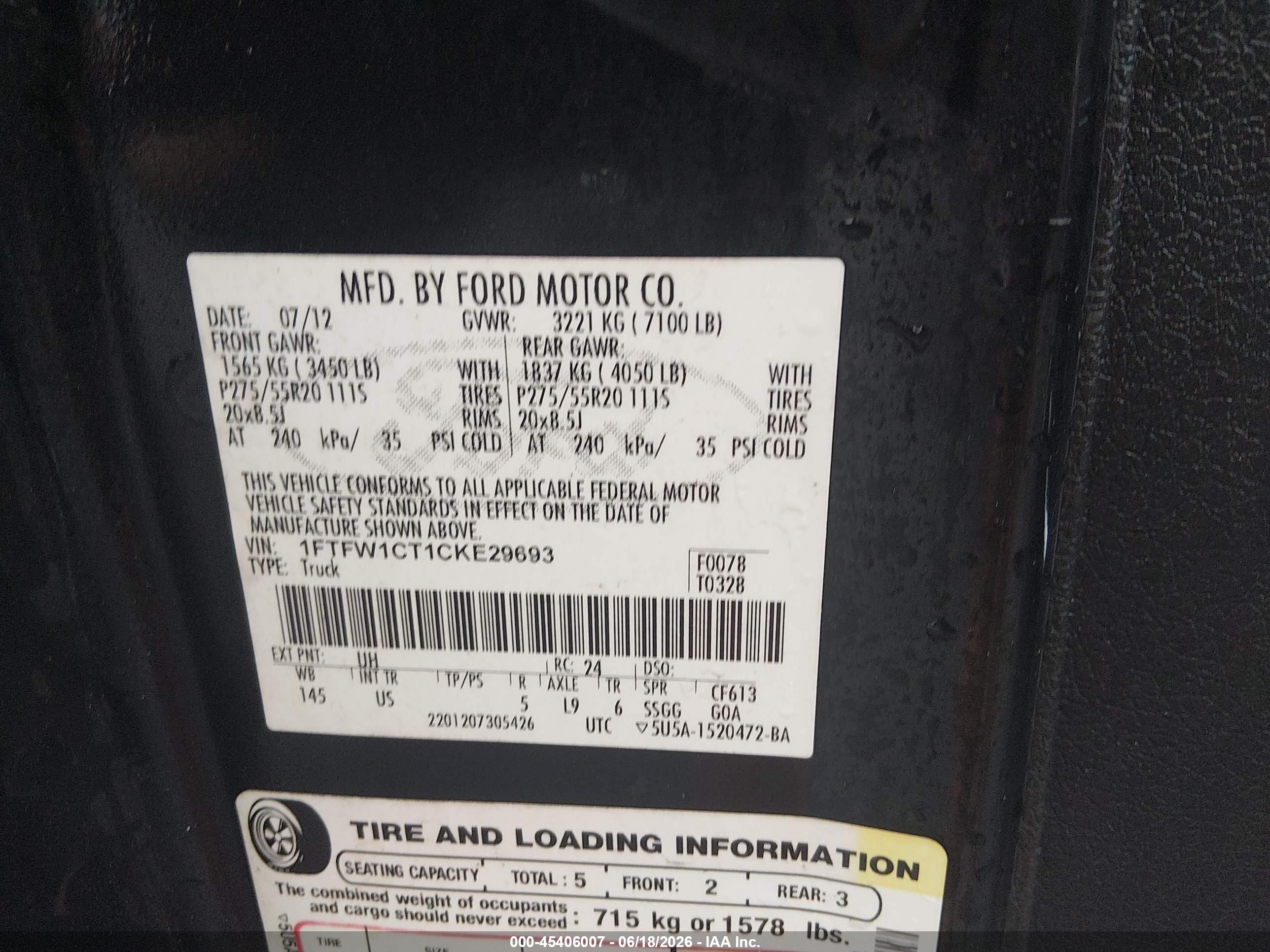 2012 Ford F-150 Xlt Black vin: 1FTFW1CT1CKE29693
