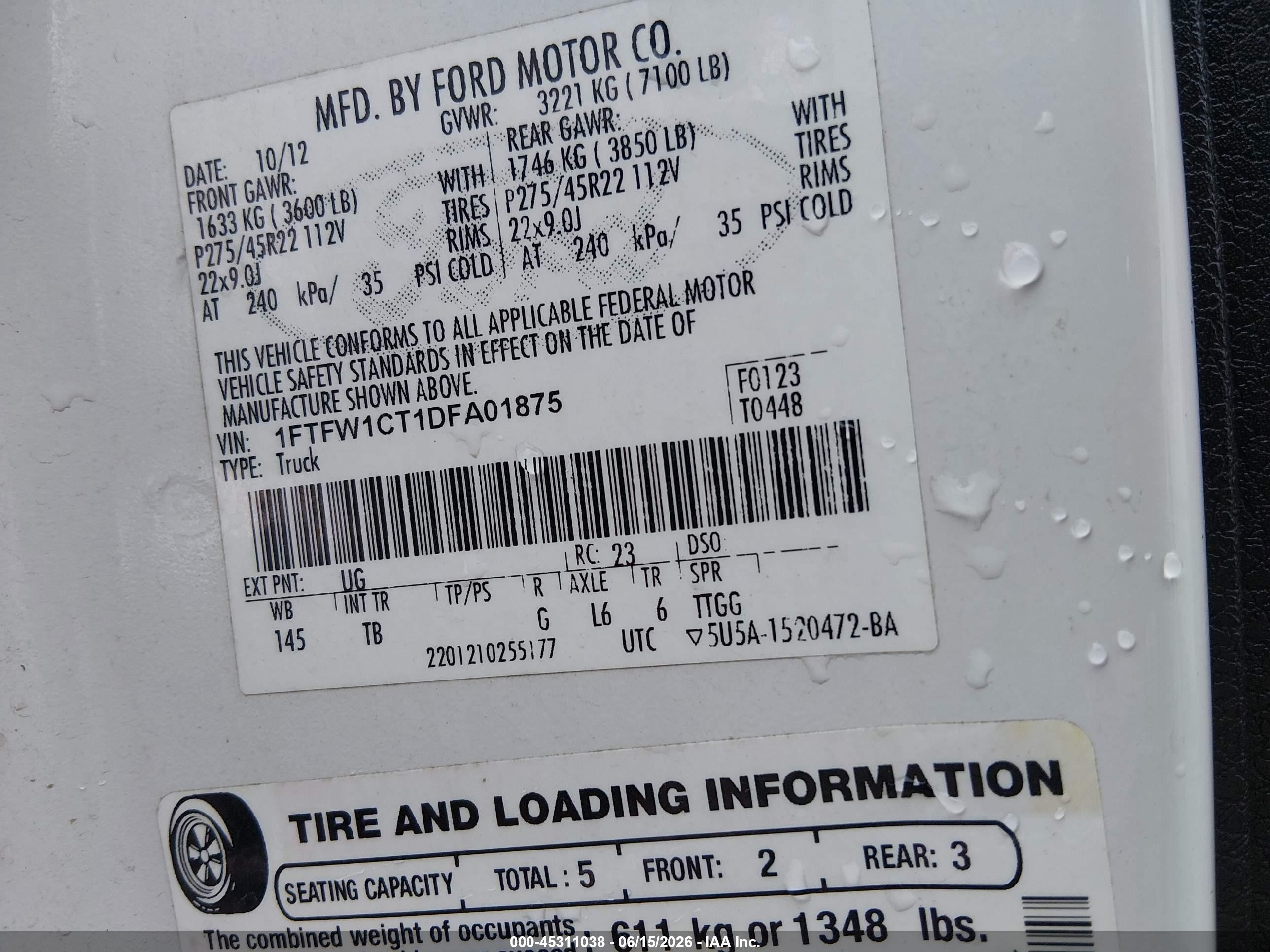 2013 Ford F-150 Limited Белый vin: 1FTFW1CT1DFA01875