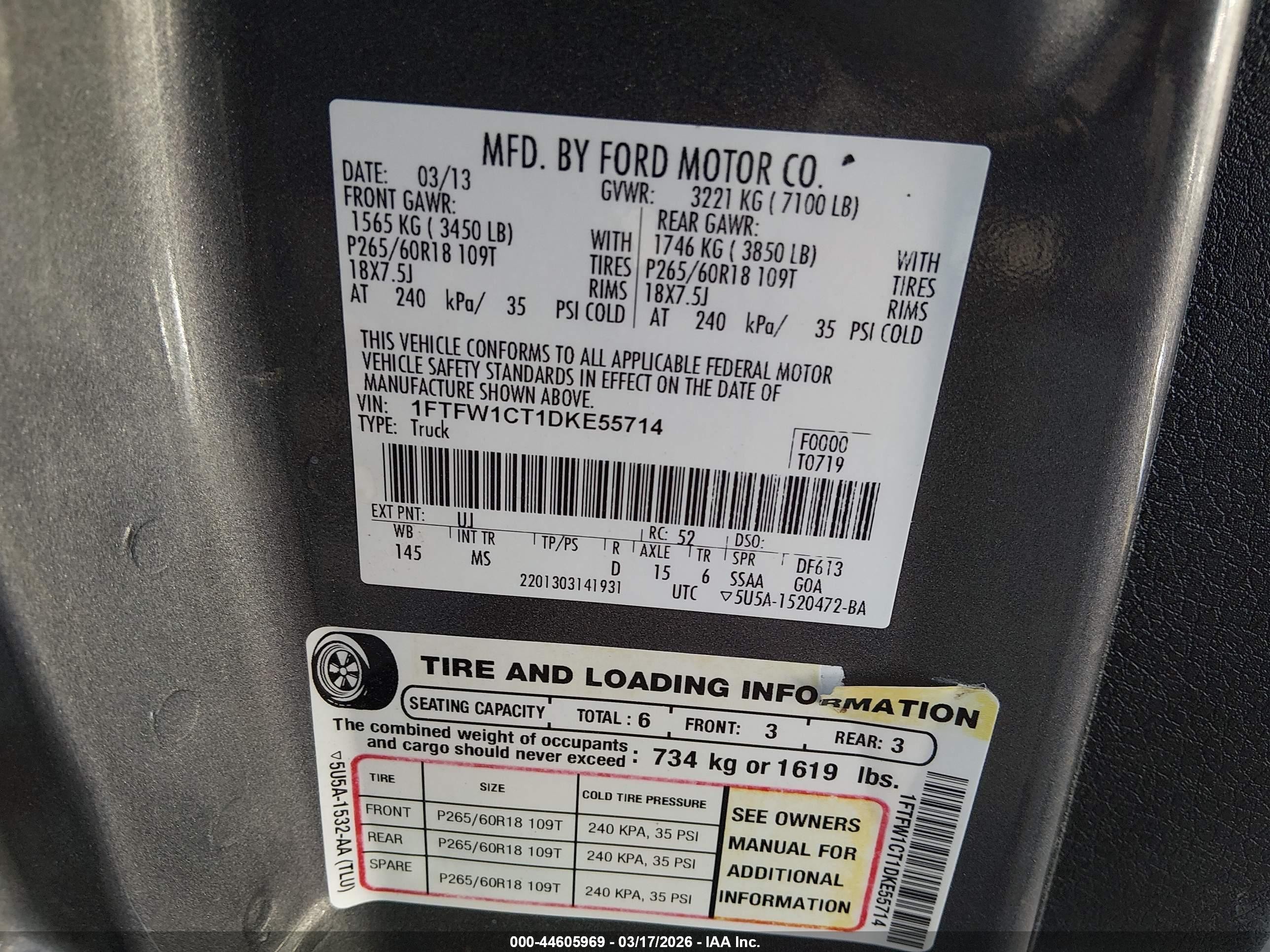 2013 Ford F-150 Fx2/king Ranch/lariat/limited/platinum/xl/xlt Gray vin: 1FTFW1CT1DKE55714