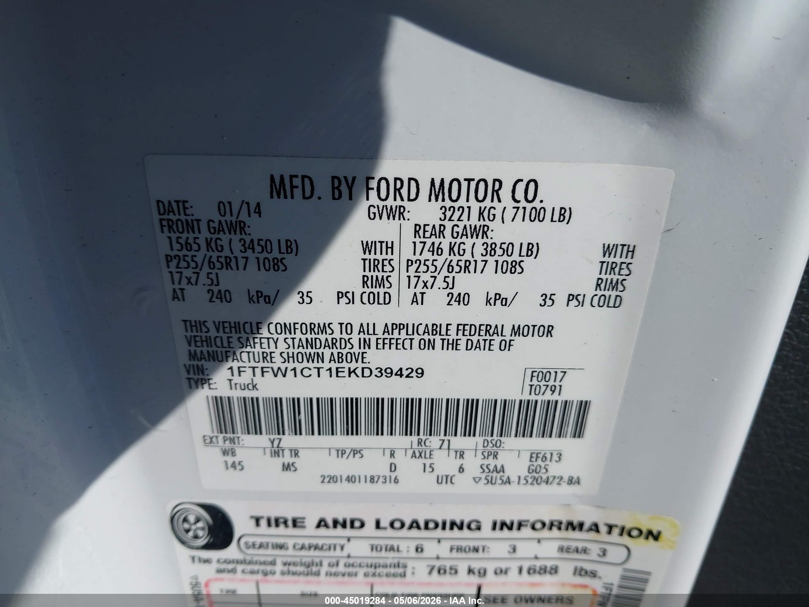 2014 Ford F-150 Xlt White vin: 1FTFW1CT1EKD39429