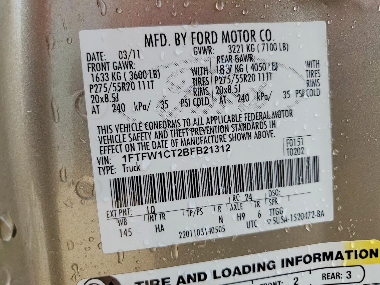 2011 Ford F150 Supercrew Gold vin: 1FTFW1CT2BFB21312