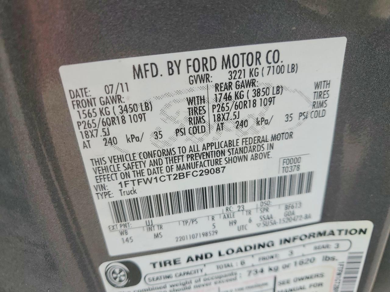 2011 Ford F150 Supercrew Серый vin: 1FTFW1CT2BFC29087