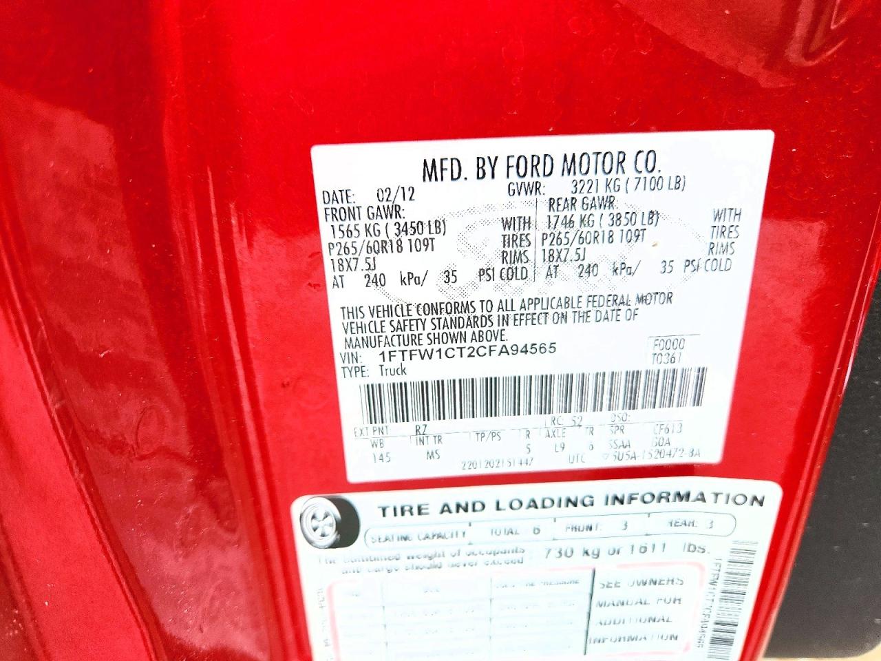 2012 Ford F150 Supercrew Red vin: 1FTFW1CT2CFA94565