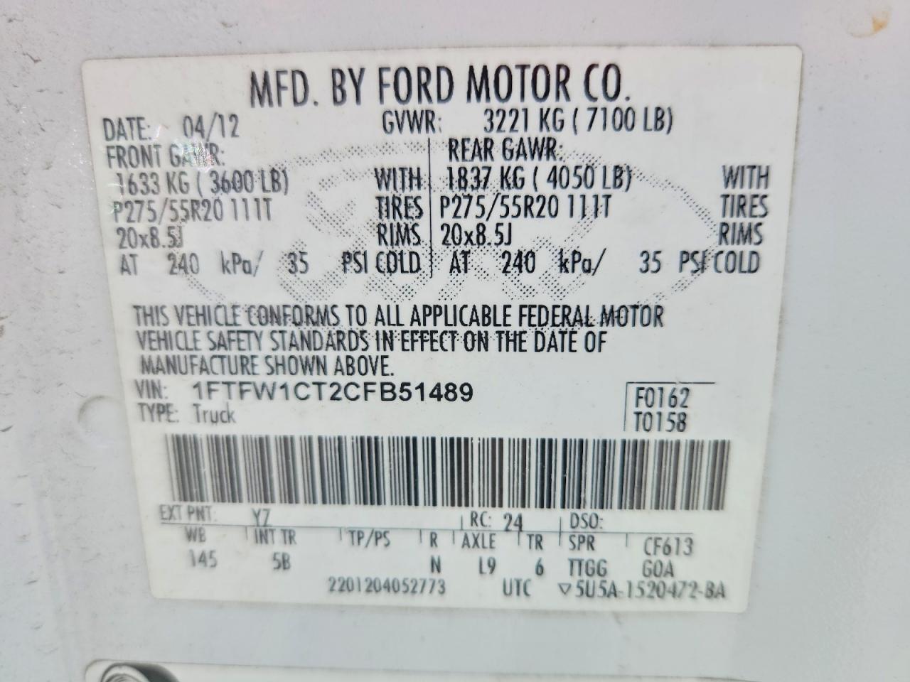2012 Ford F150 Supercrew White vin: 1FTFW1CT2CFB51489