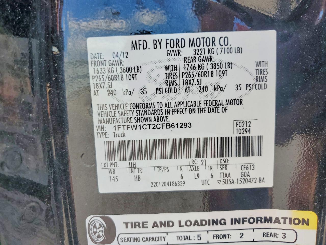 2012 Ford F150 Supercrew Black vin: 1FTFW1CT2CFB61293