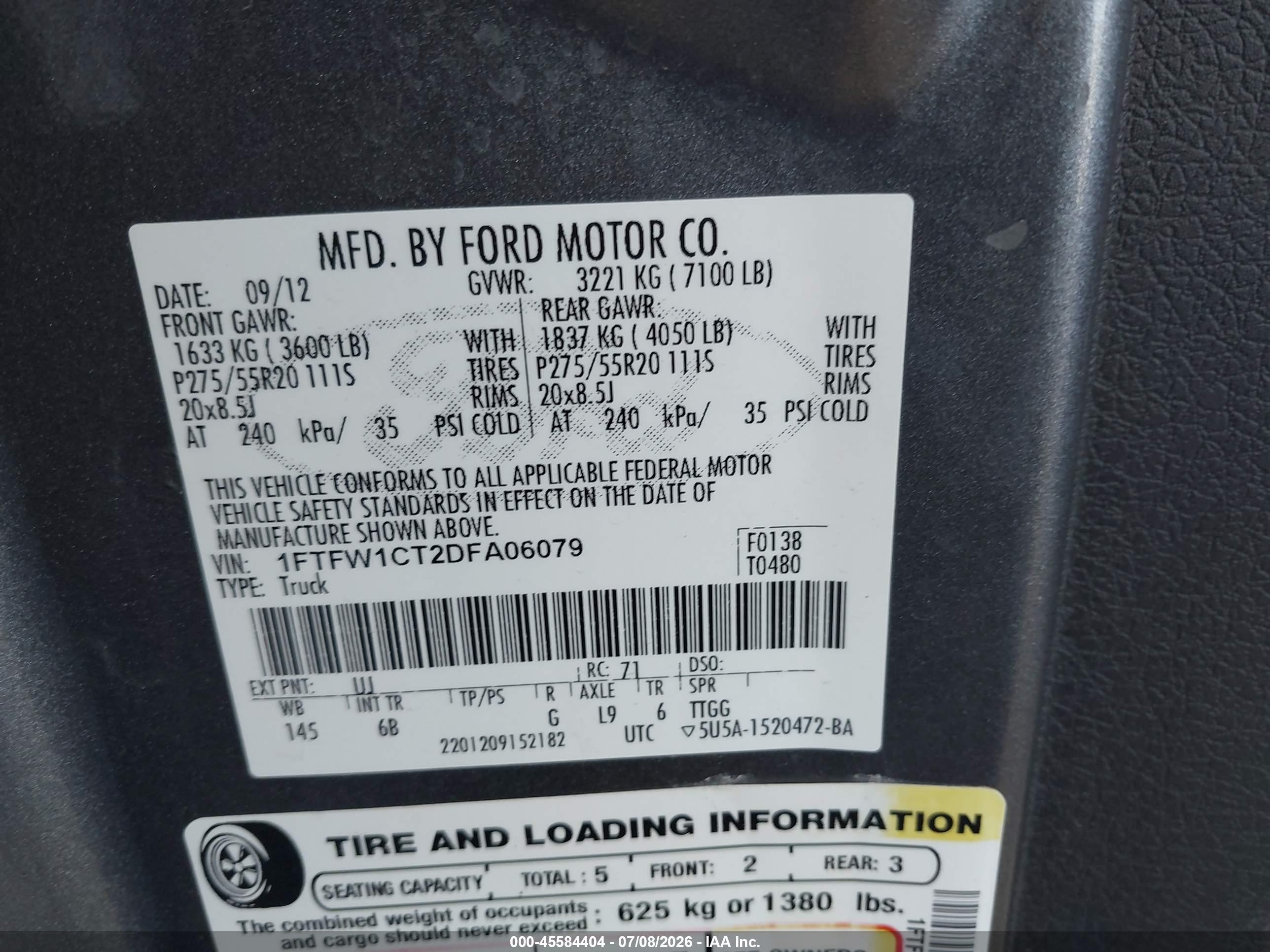 2013 Ford F-150 Fx2/king Ranch/lariat/limited/platinum/xl/xlt Gray vin: 1FTFW1CT2DFA06079