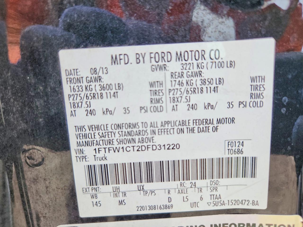 2013 Ford F150 Supercrew Black vin: 1FTFW1CT2DFD31220
