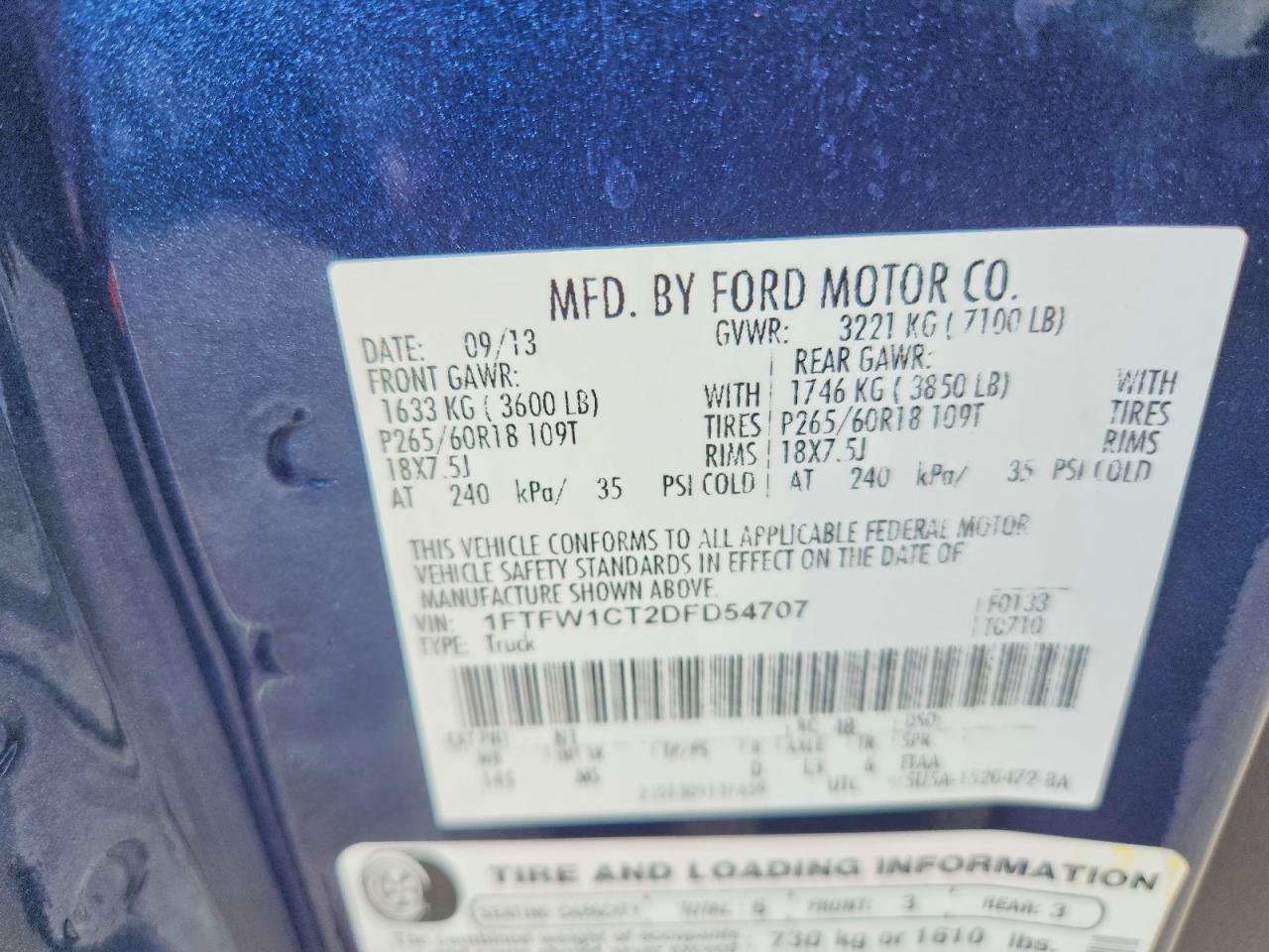 2013 Ford F150 Supercrew Blue vin: 1FTFW1CT2DFD54707