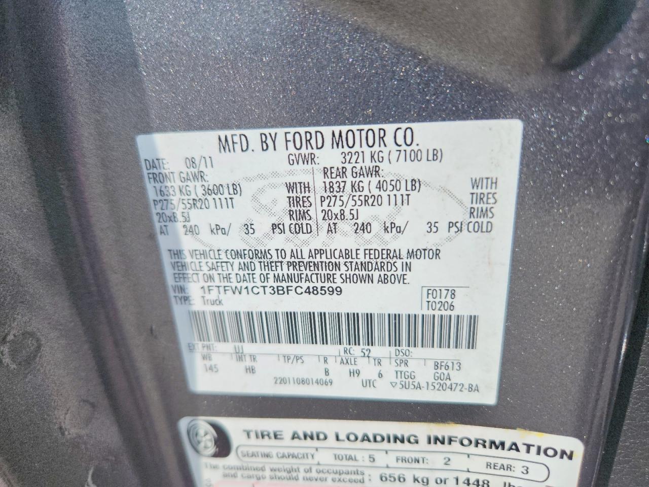 2011 Ford F150 Supercrew Gray vin: 1FTFW1CT3BFC48599