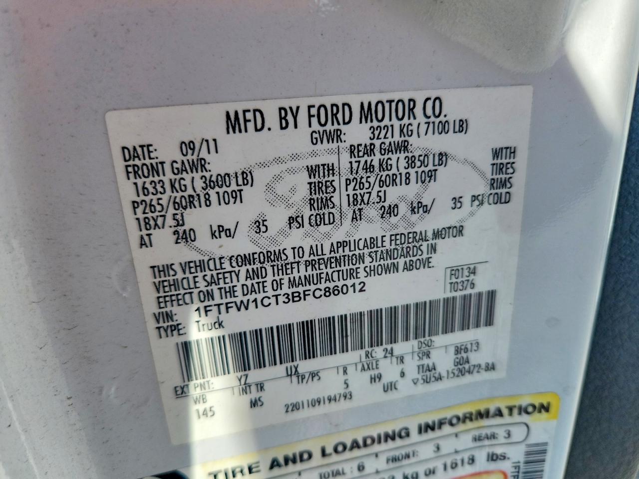2011 Ford F150 Supercrew White vin: 1FTFW1CT3BFC86012