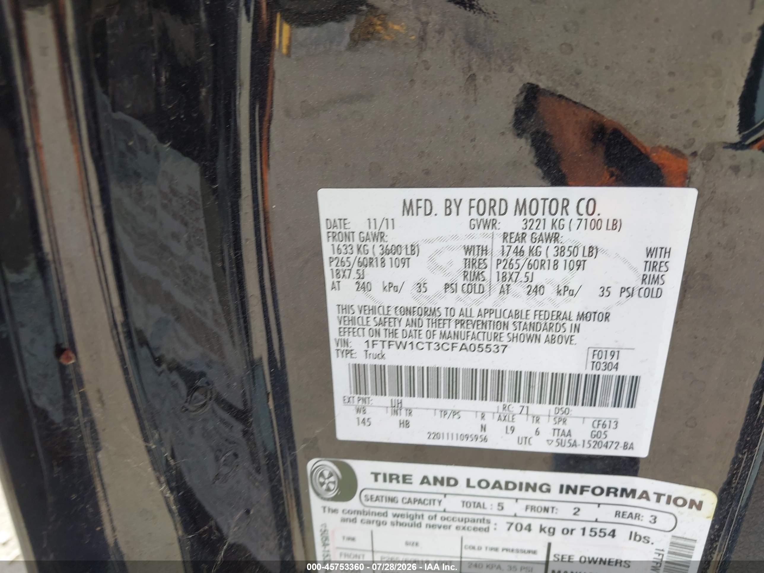 2012 Ford F-150 Lariat Black vin: 1FTFW1CT3CFA05537