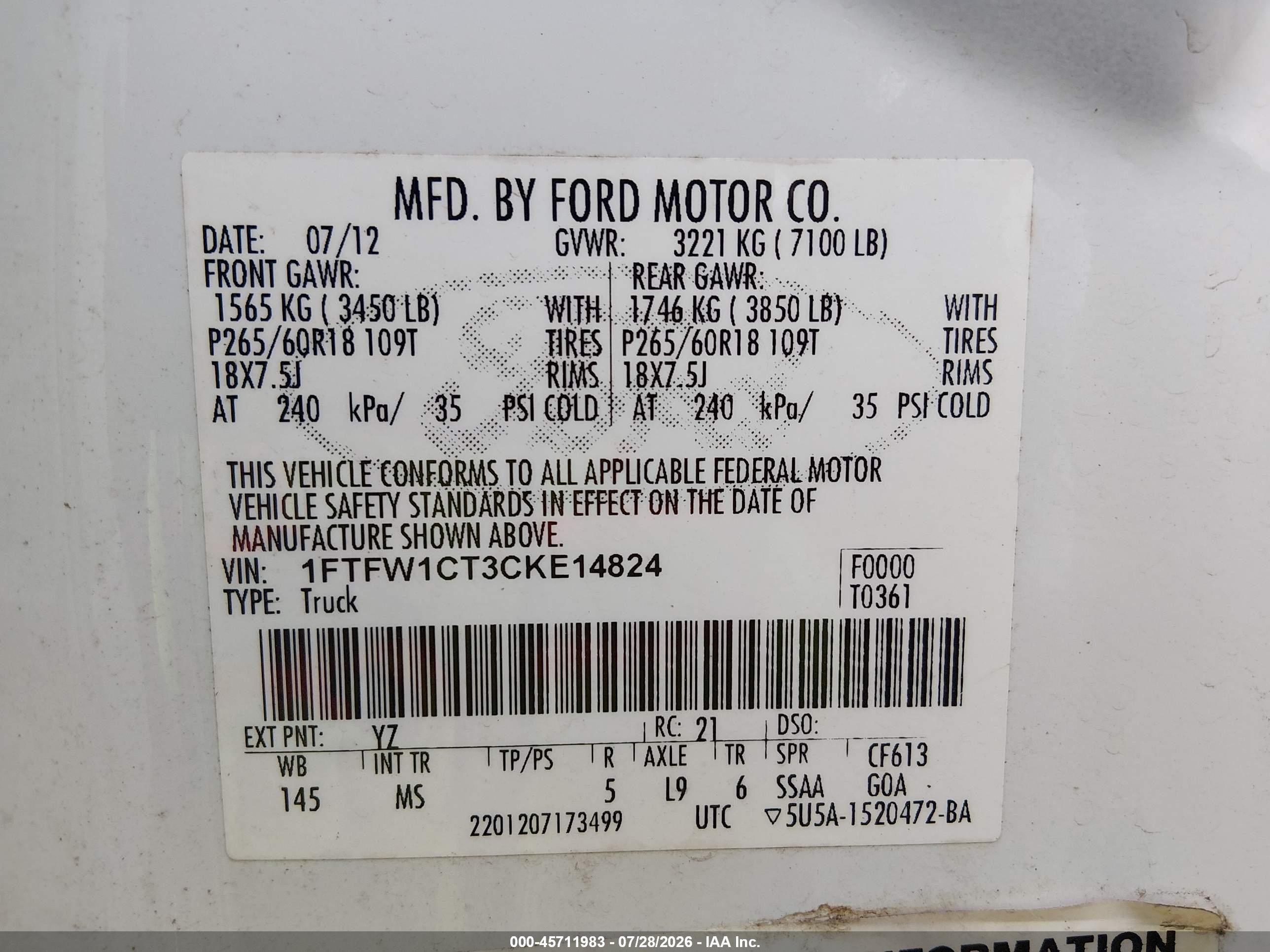 2012 Ford F-150 Fx2/king Ranch/lariat/platinum/xl/xlt White vin: 1FTFW1CT3CKE14824