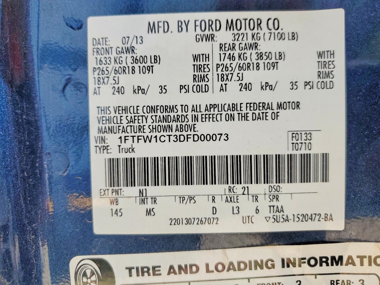 2013 Ford F150 Supercrew Blue vin: 1FTFW1CT3DFD00073