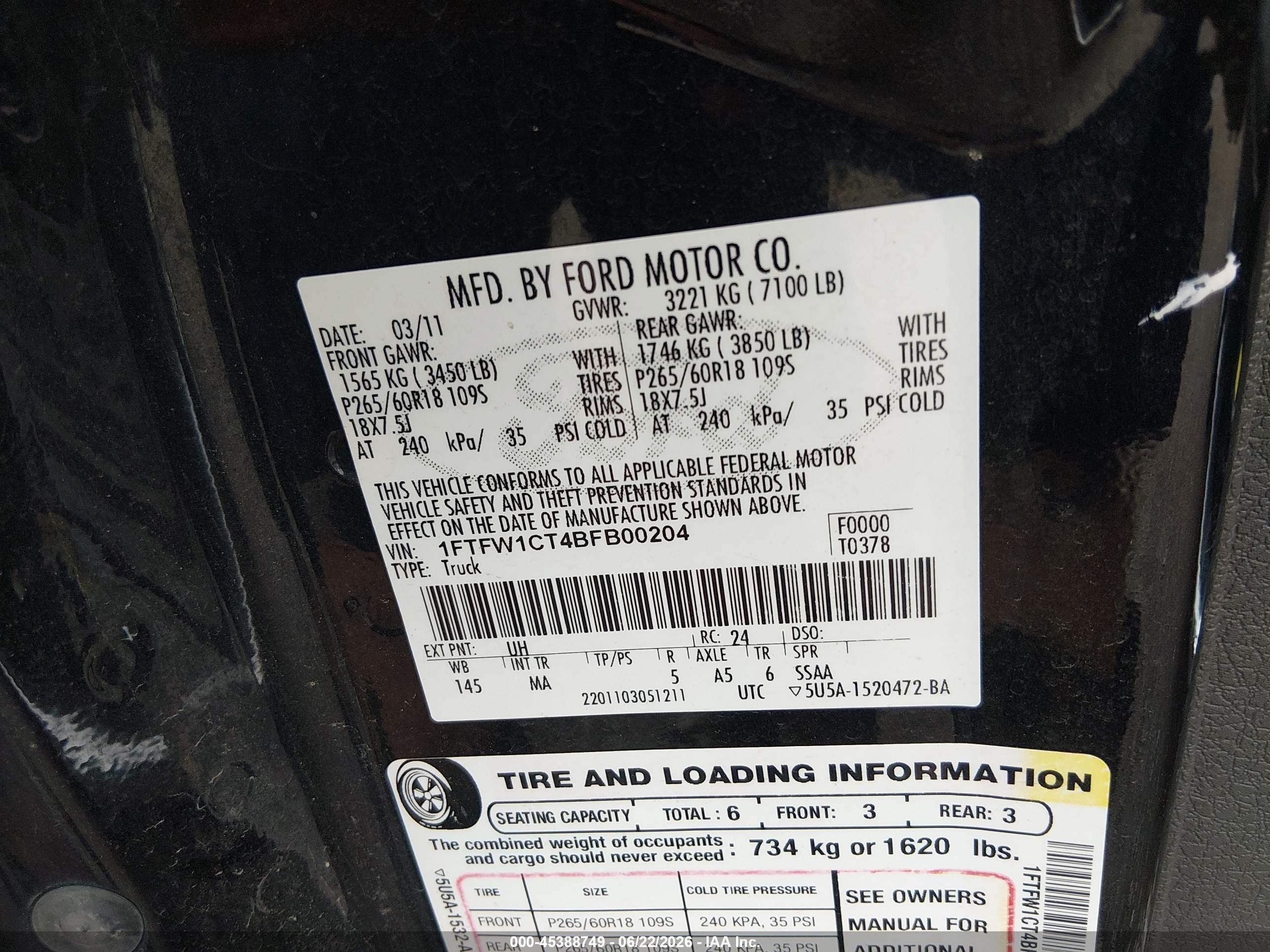 2011 Ford F-150 Xlt Black vin: 1FTFW1CT4BFB00204
