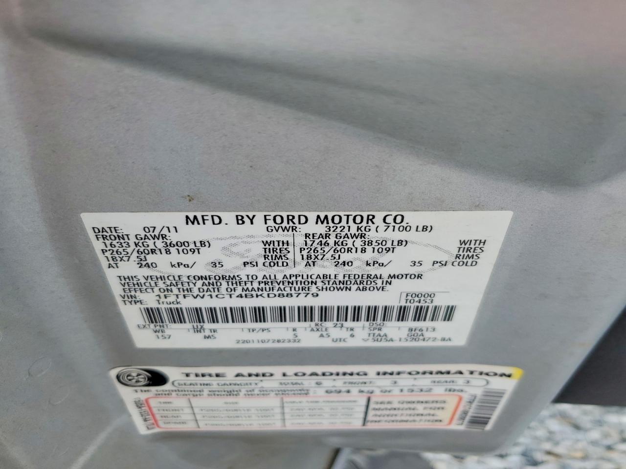 2011 Ford F150 Supercrew Silver vin: 1FTFW1CT4BKD88779