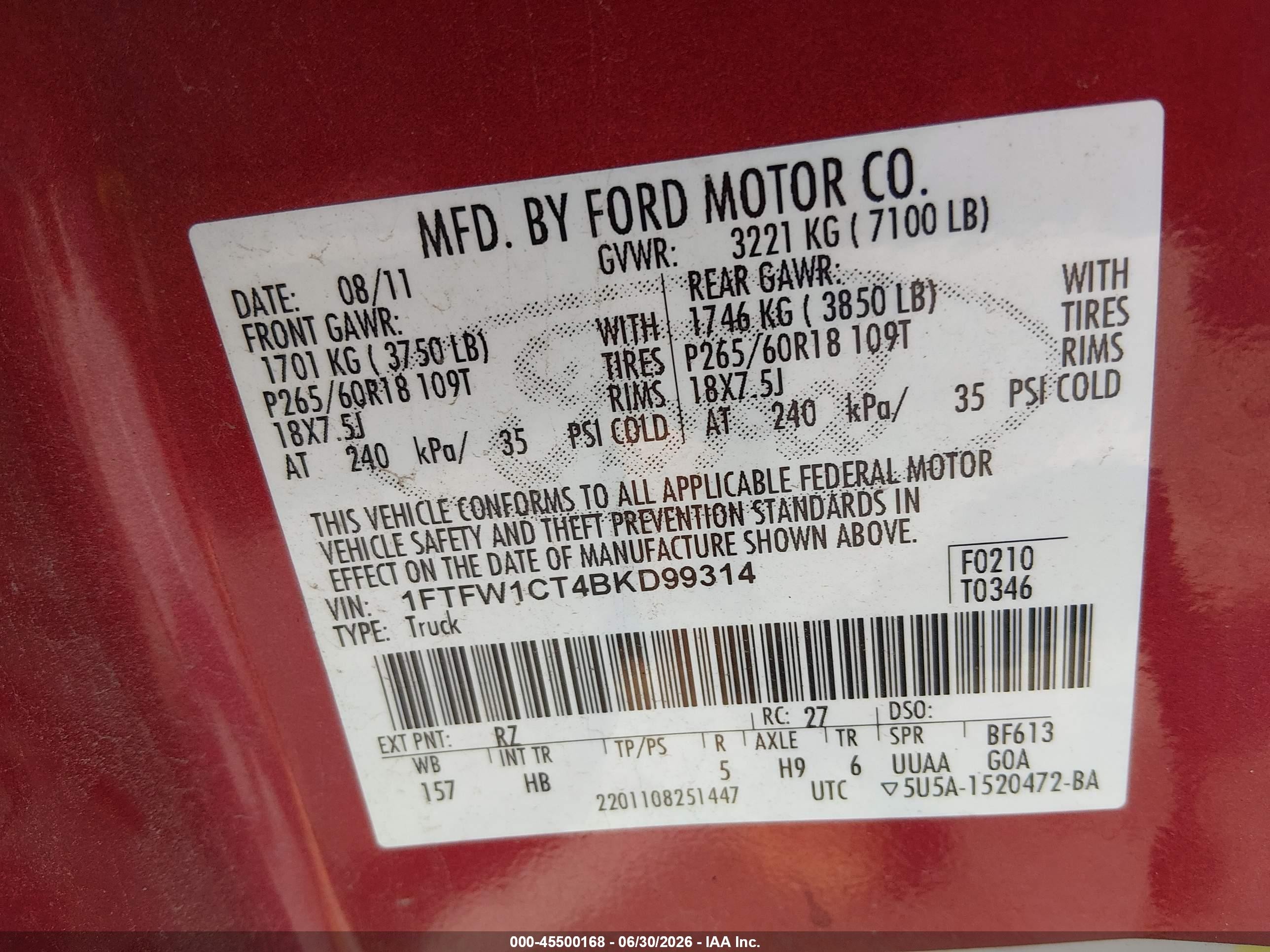 2011 Ford F-150 Lariat Red vin: 1FTFW1CT4BKD99314