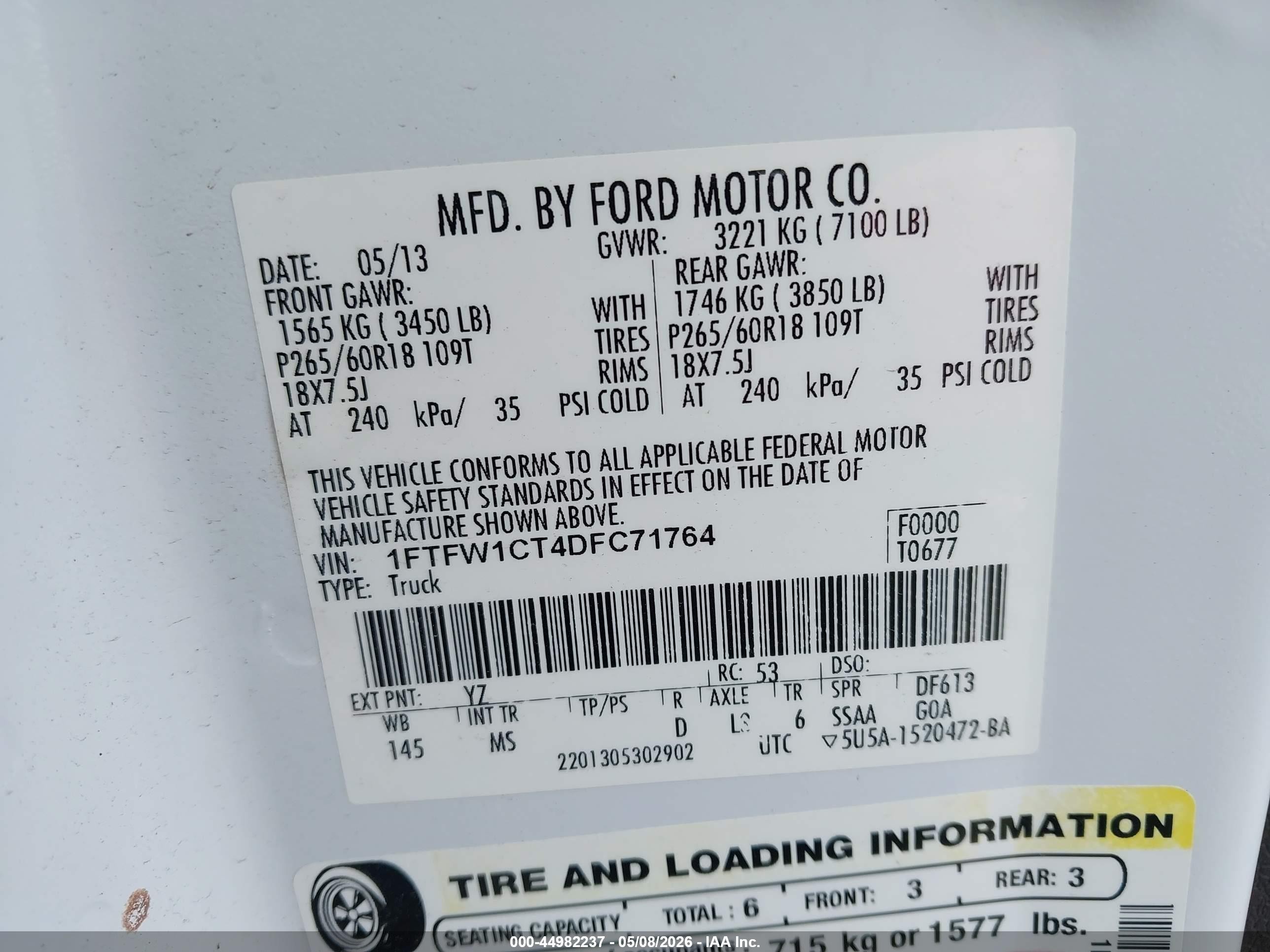 2013 Ford F-150 Xlt White vin: 1FTFW1CT4DFC71764