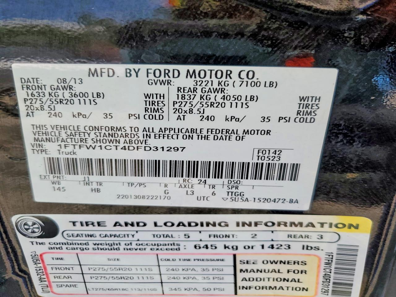 2013 Ford F150 Supercrew Black vin: 1FTFW1CT4DFD31297