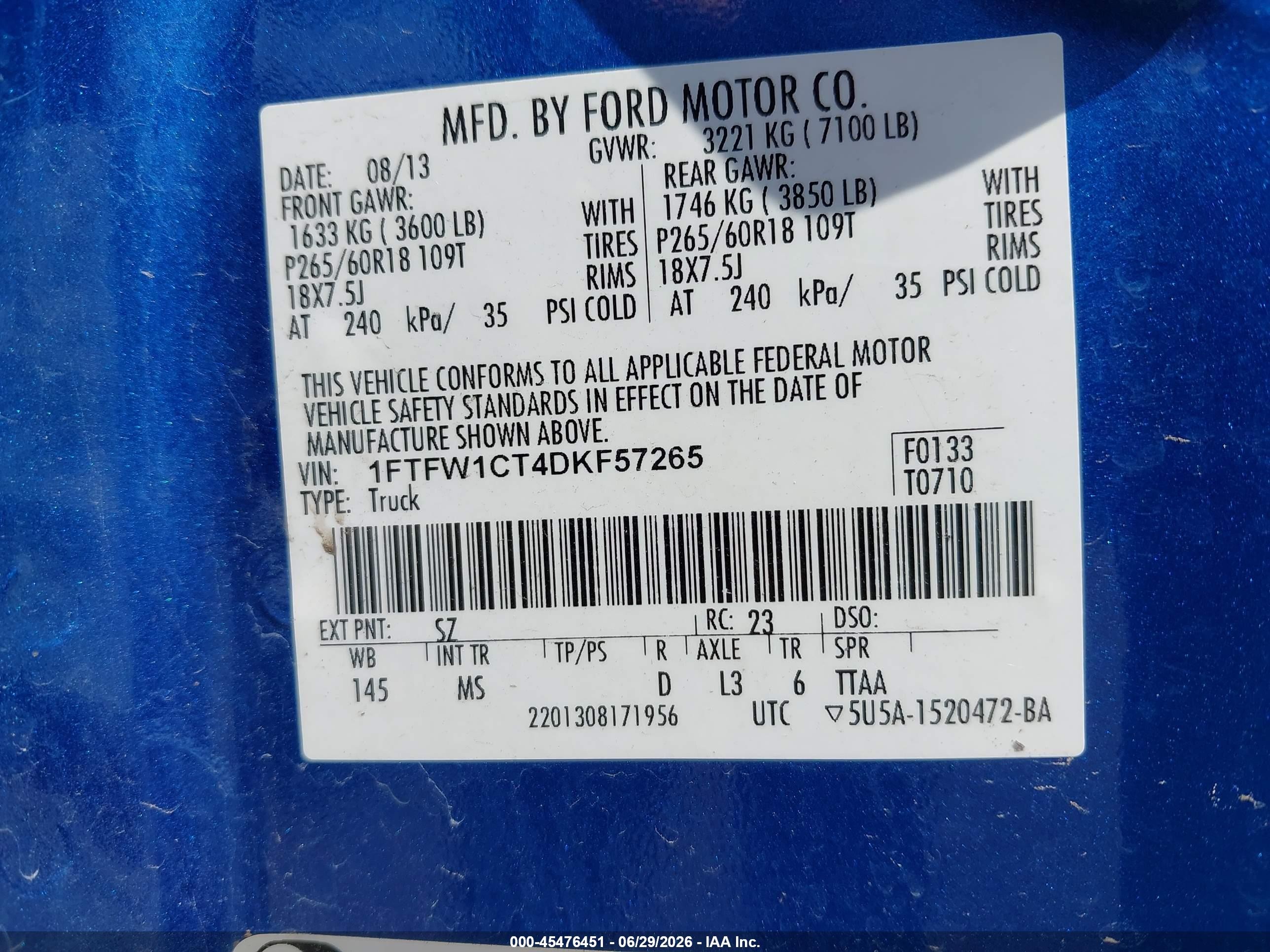 2013 Ford F-150   Blue vin: 1FTFW1CT4DKF57265