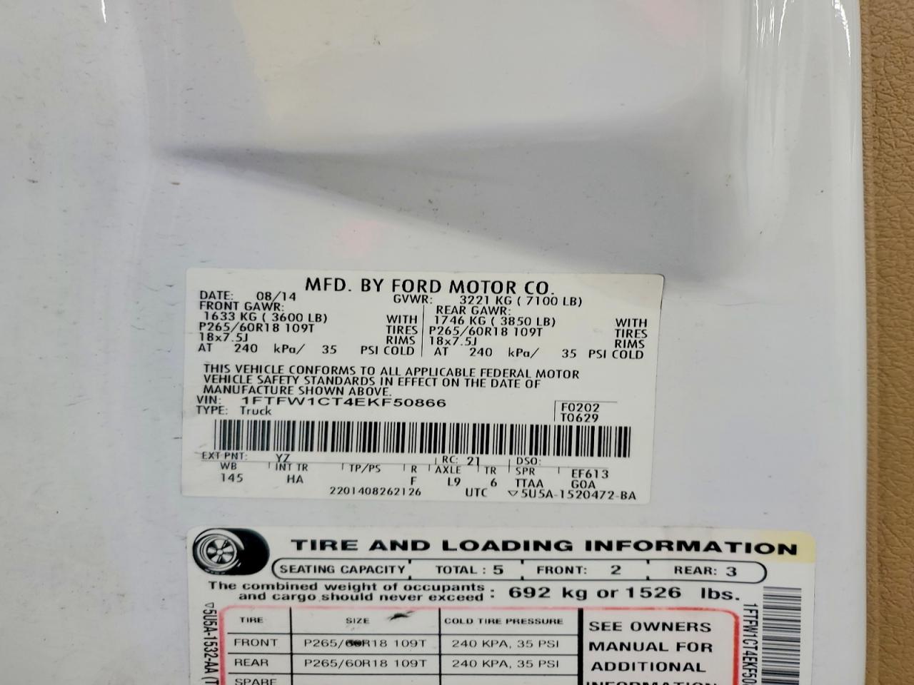 2014 Ford F150 Supercrew White vin: 1FTFW1CT4EKF50866