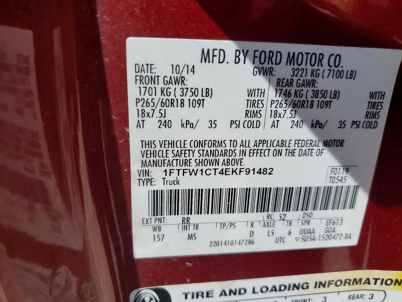 2014 Ford F150 Supercrew Red vin: 1FTFW1CT4EKF91482