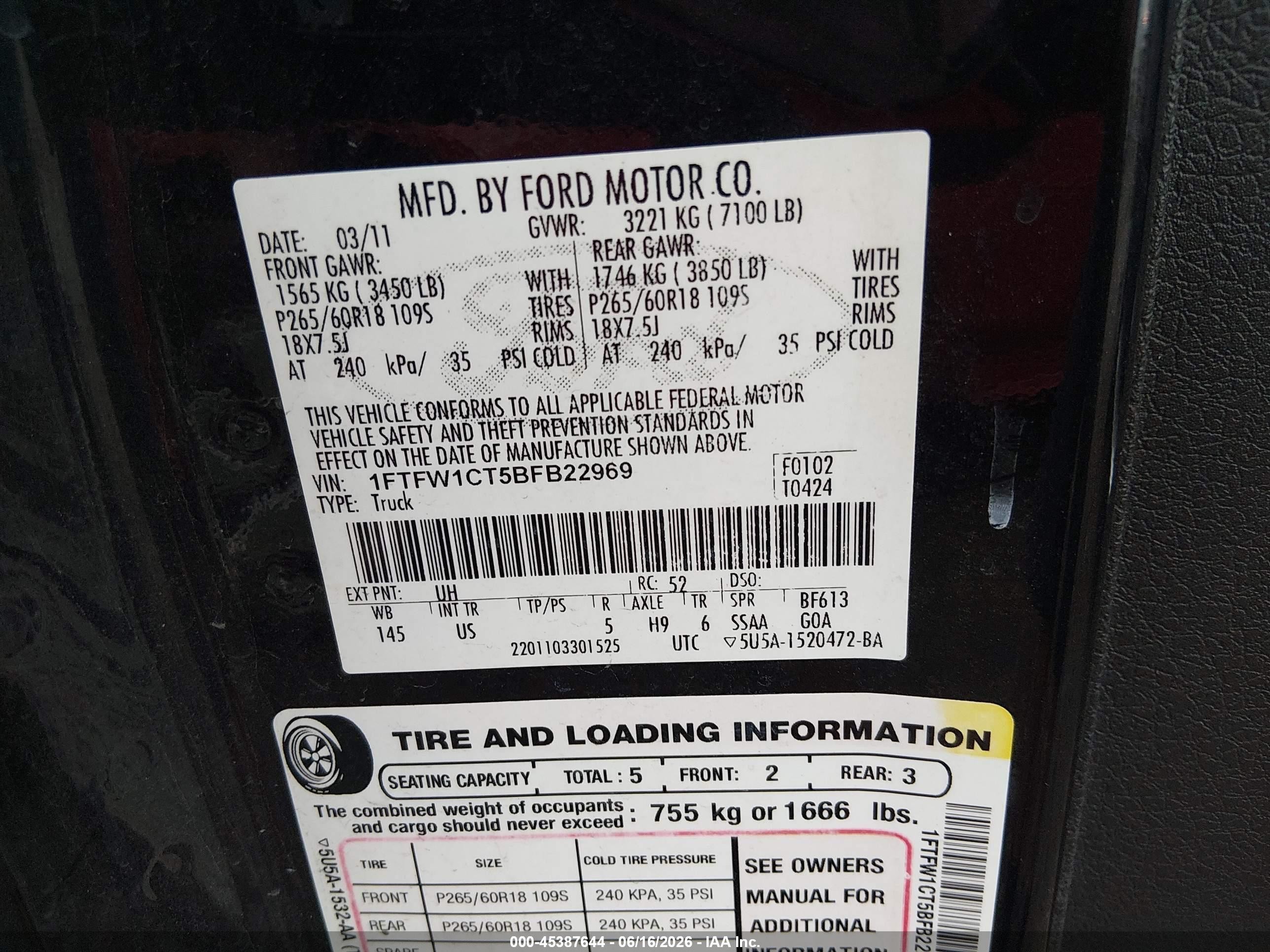 2011 Ford F-150 Xlt Black vin: 1FTFW1CT5BFB22969