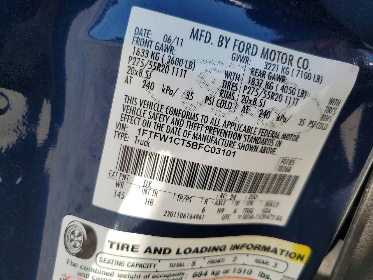 2011 Ford F150 Supercrew Blue vin: 1FTFW1CT5BFC03101