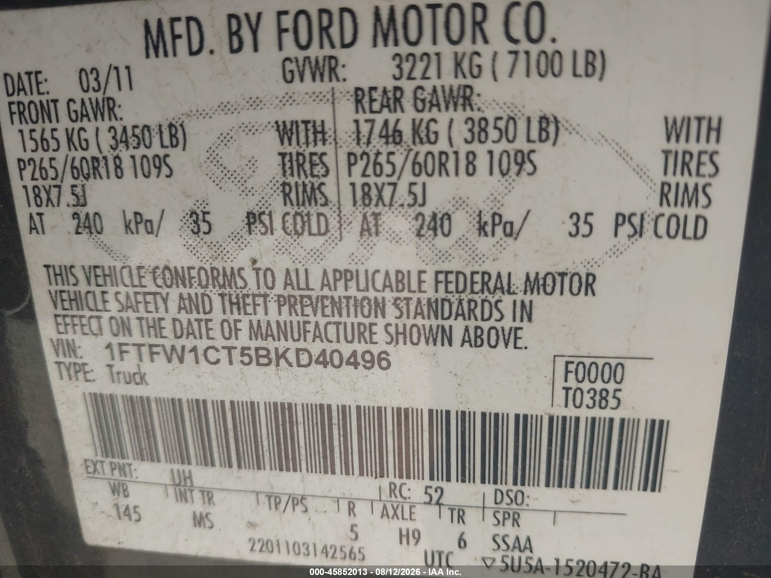 2011 Ford F-150 Xlt Black vin: 1FTFW1CT5BKD40496