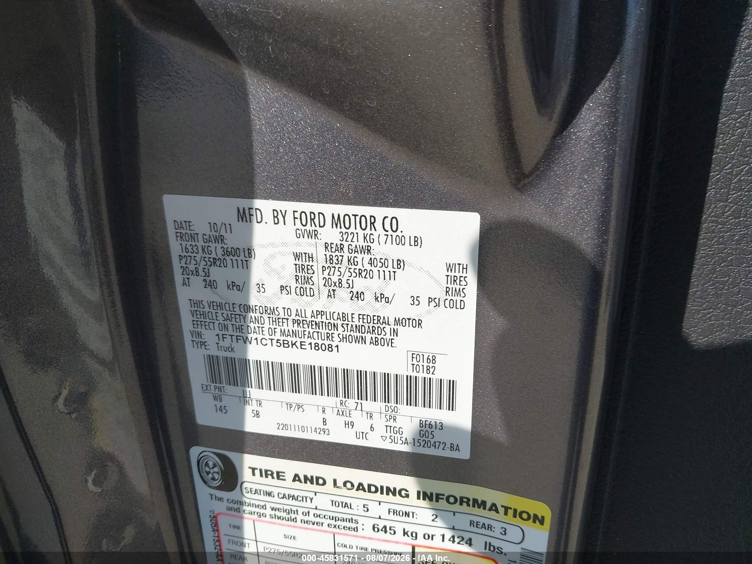 2011 Ford F-150 Fx2 Серый vin: 1FTFW1CT5BKE18081