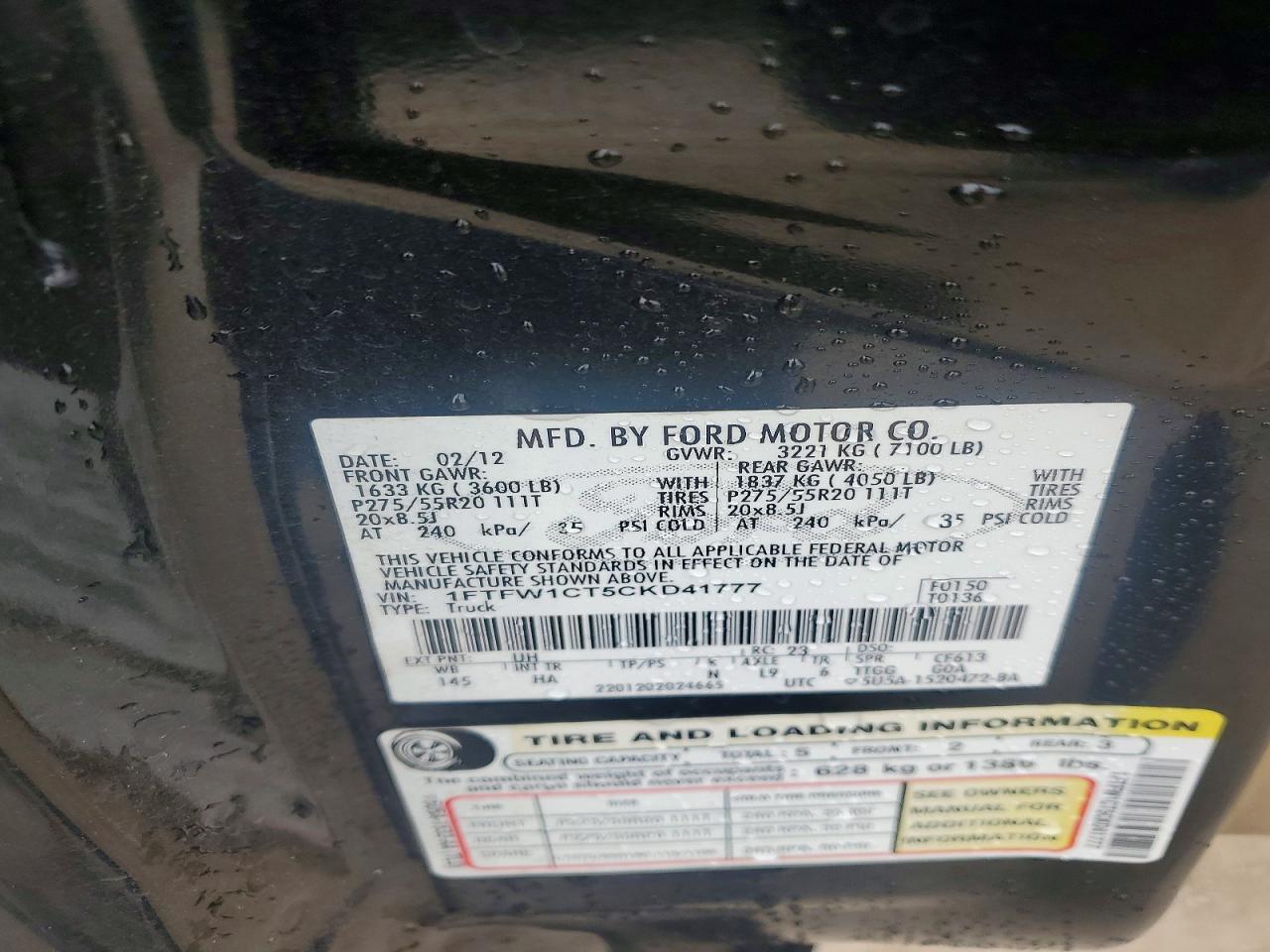 2012 Ford F150 Supercrew Black vin: 1FTFW1CT5CKD41777
