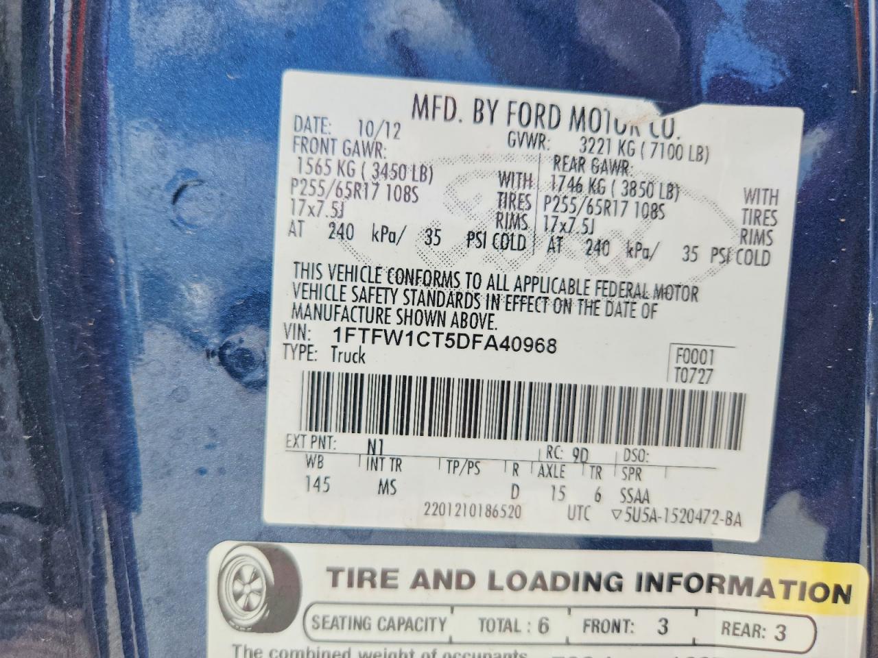 2013 Ford F150 Supercrew Blue vin: 1FTFW1CT5DFA40968