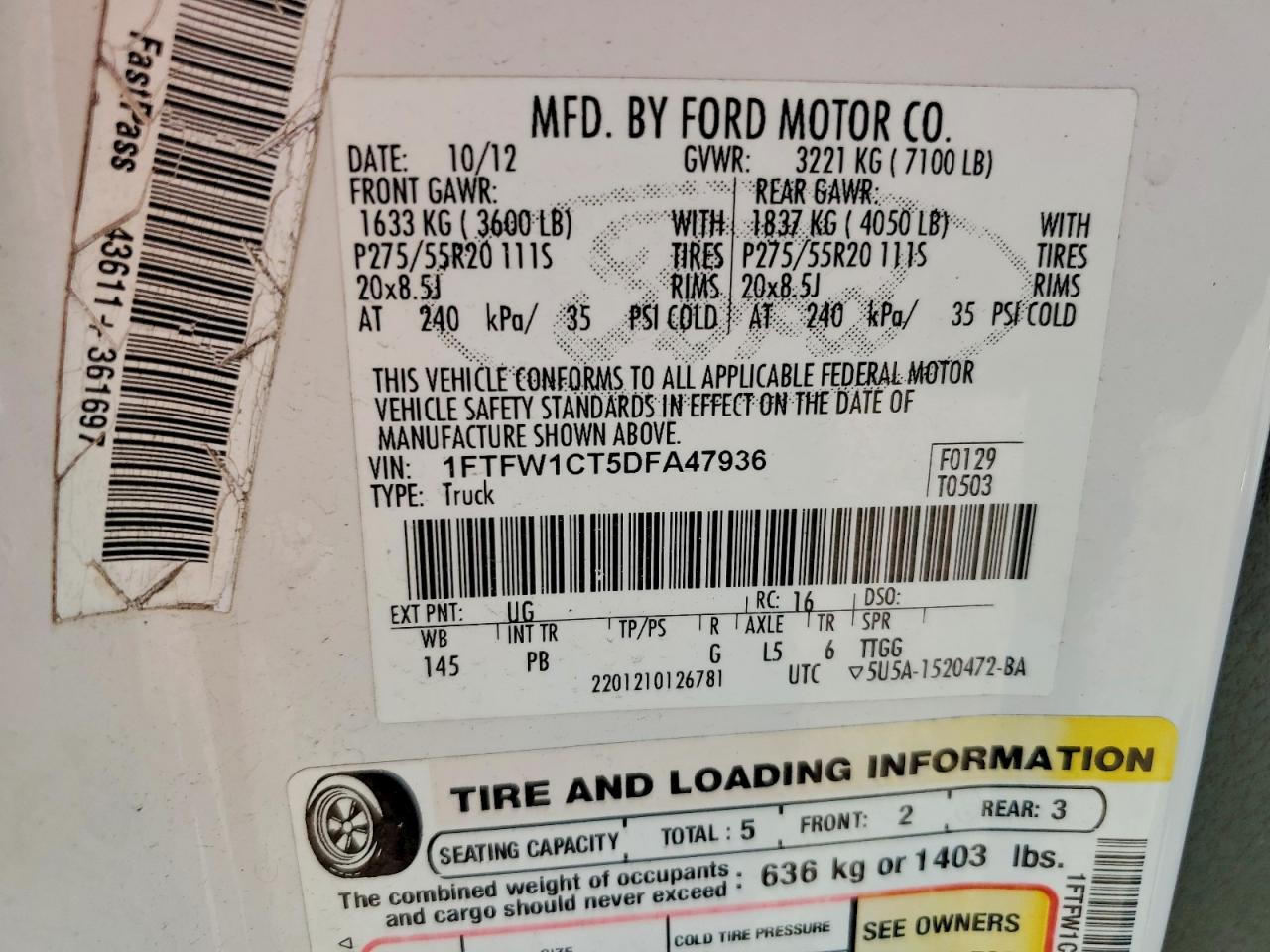 2013 Ford F150 Supercrew White vin: 1FTFW1CT5DFA47936