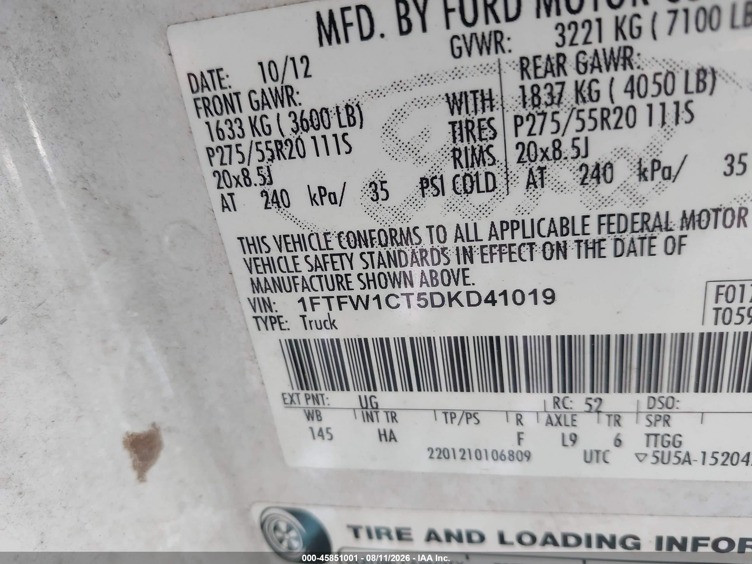 2013 Ford F-150 Lariat Белый vin: 1FTFW1CT5DKD41019