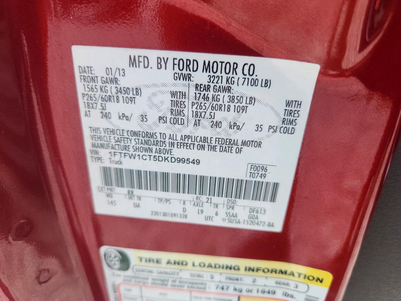 2013 Ford F150 Supercrew Red vin: 1FTFW1CT5DKD99549