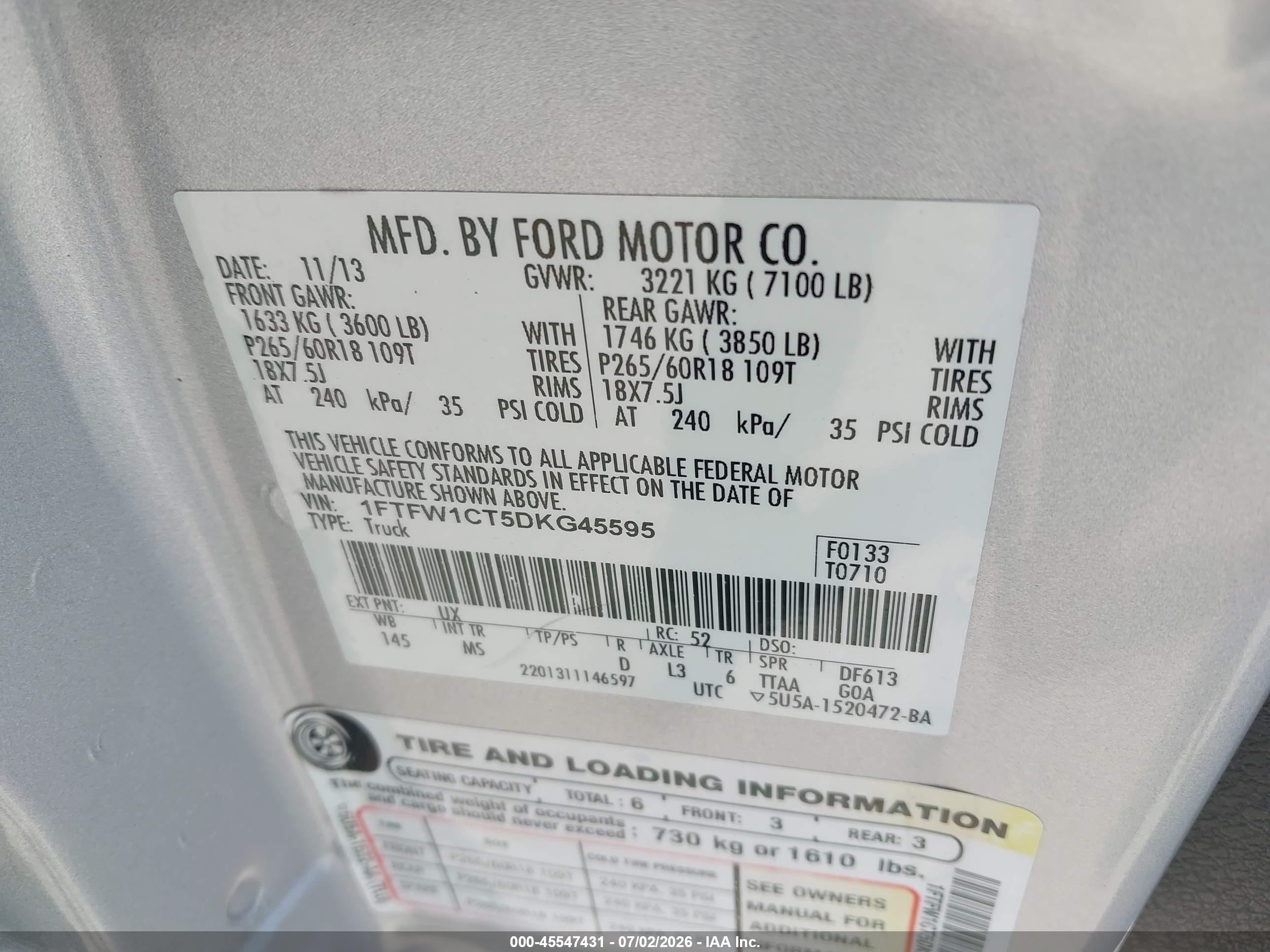 2013 Ford F-150 Fx2/king Ranch/lariat/limited/platinum/xl/xlt Silver vin: 1FTFW1CT5DKG45595