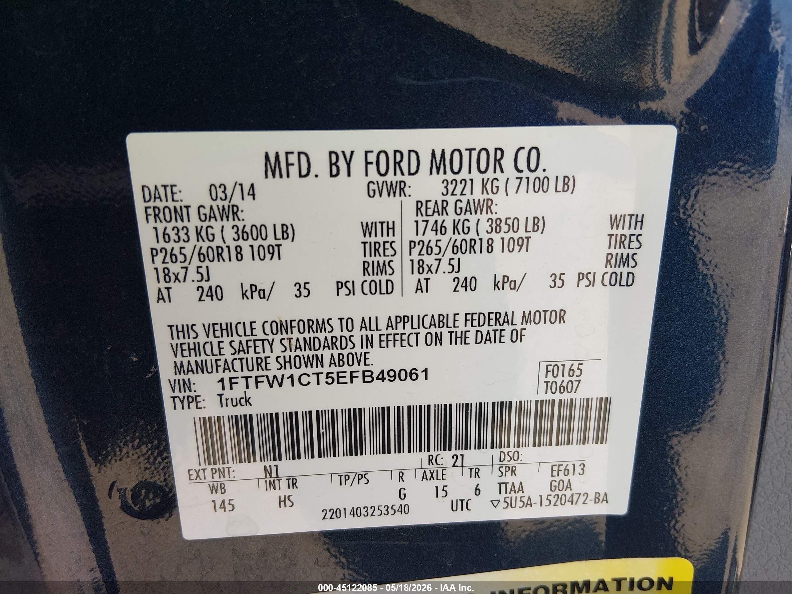 2014 Ford F-150 Lariat Blue vin: 1FTFW1CT5EFB49061