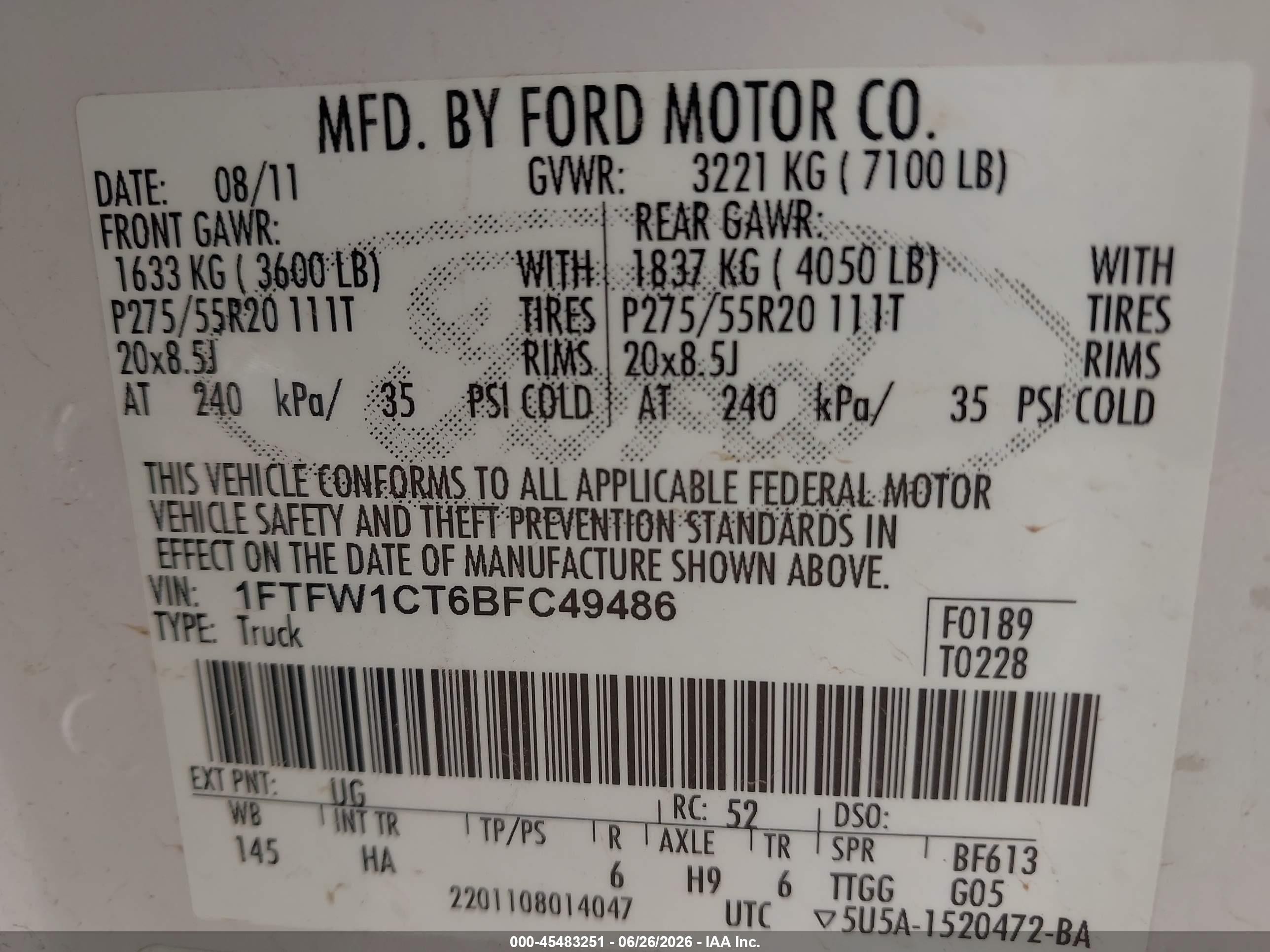 2011 Ford F-150 Fx2/king Ranch/lariat/platinum/xlt White vin: 1FTFW1CT6BFC49486