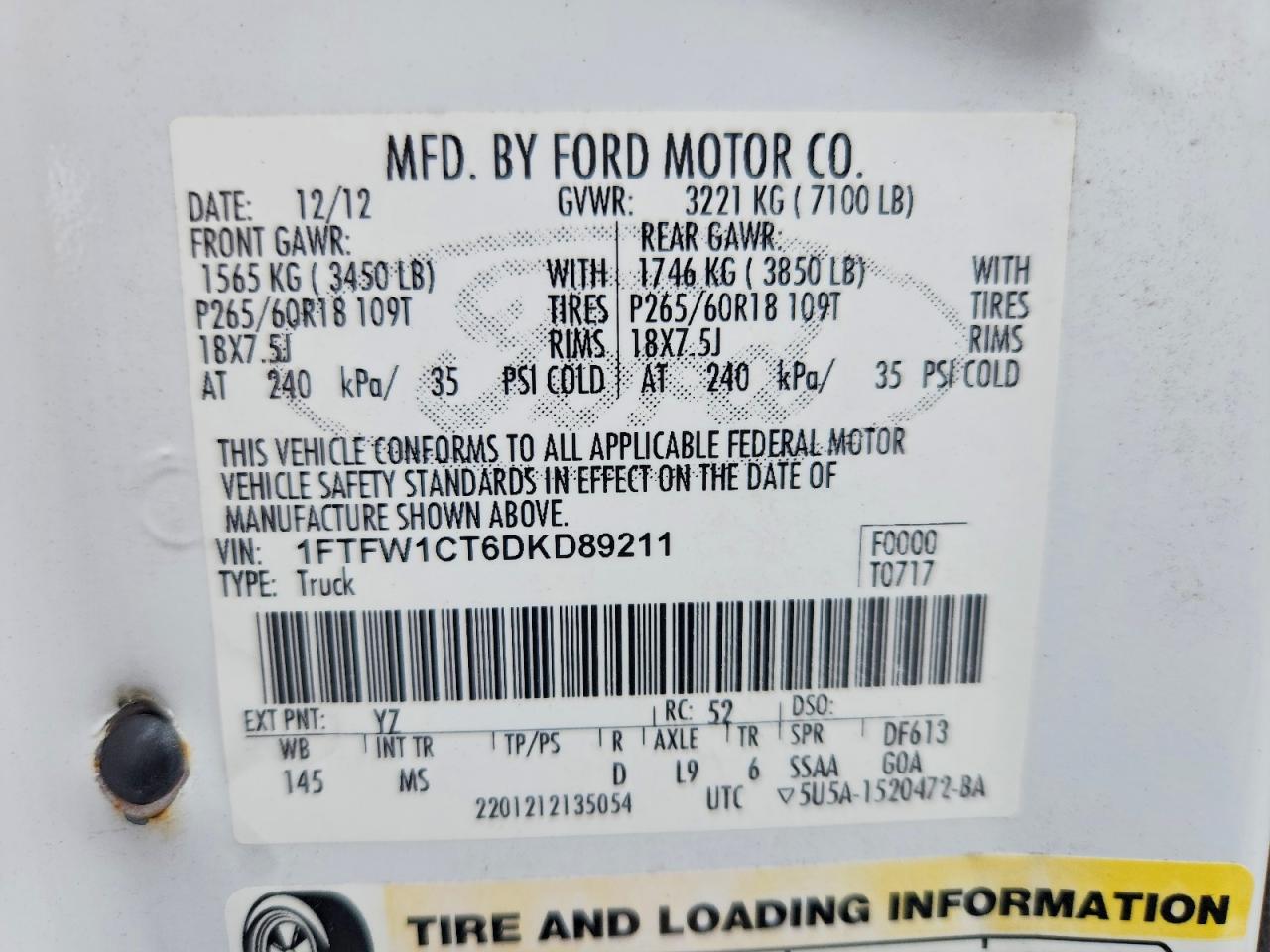 2013 Ford F150 Supercrew White vin: 1FTFW1CT6DKD89211