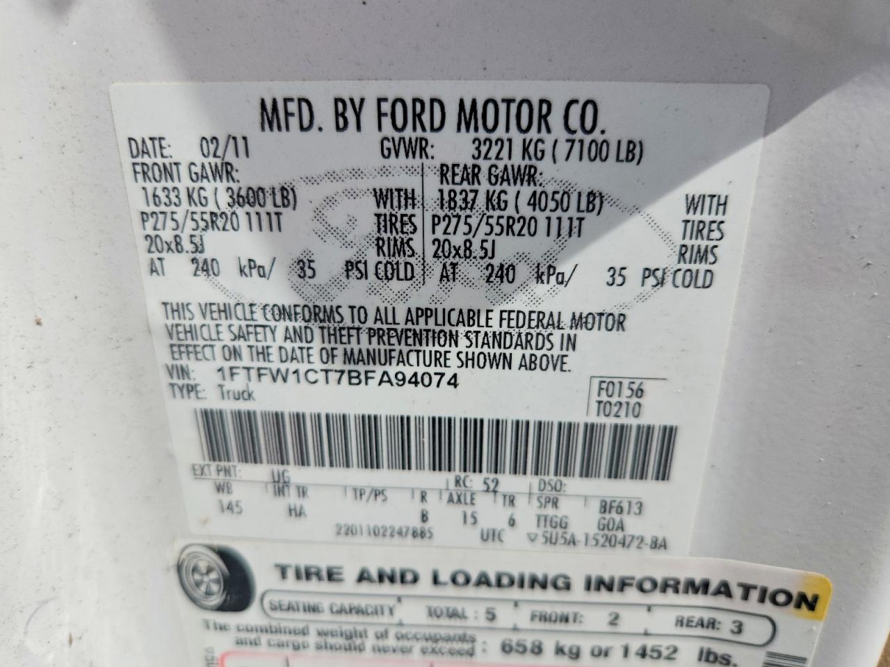 2011 Ford F150 Supercrew White vin: 1FTFW1CT7BFA94074