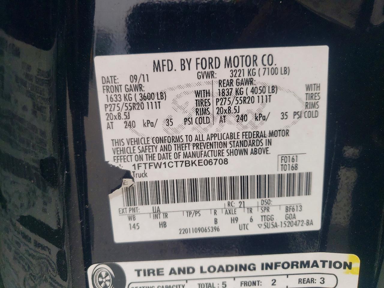 2011 Ford F150 Supercrew Black vin: 1FTFW1CT7BKE06708