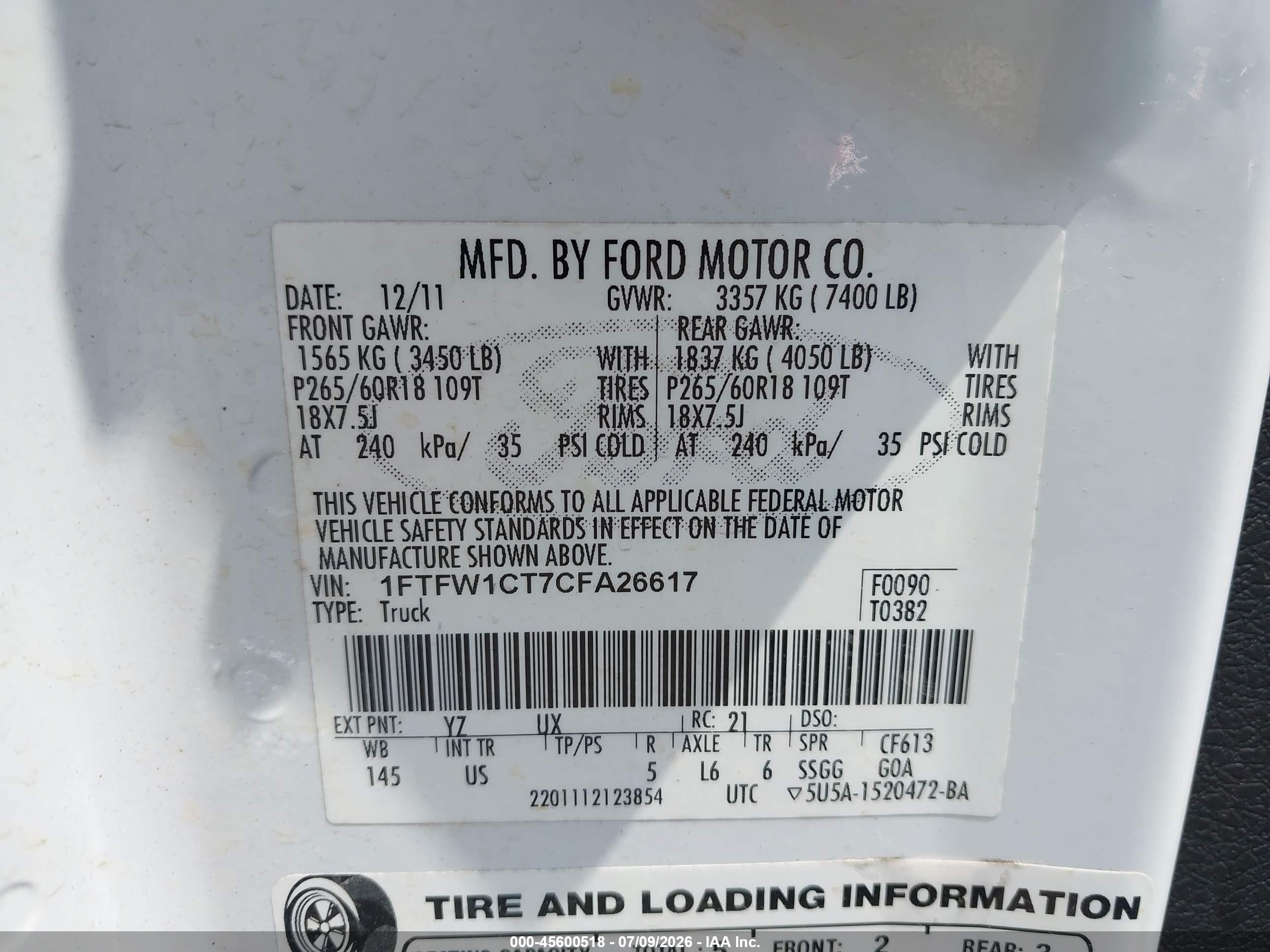 2012 Ford F-150 Xlt White vin: 1FTFW1CT7CFA26617
