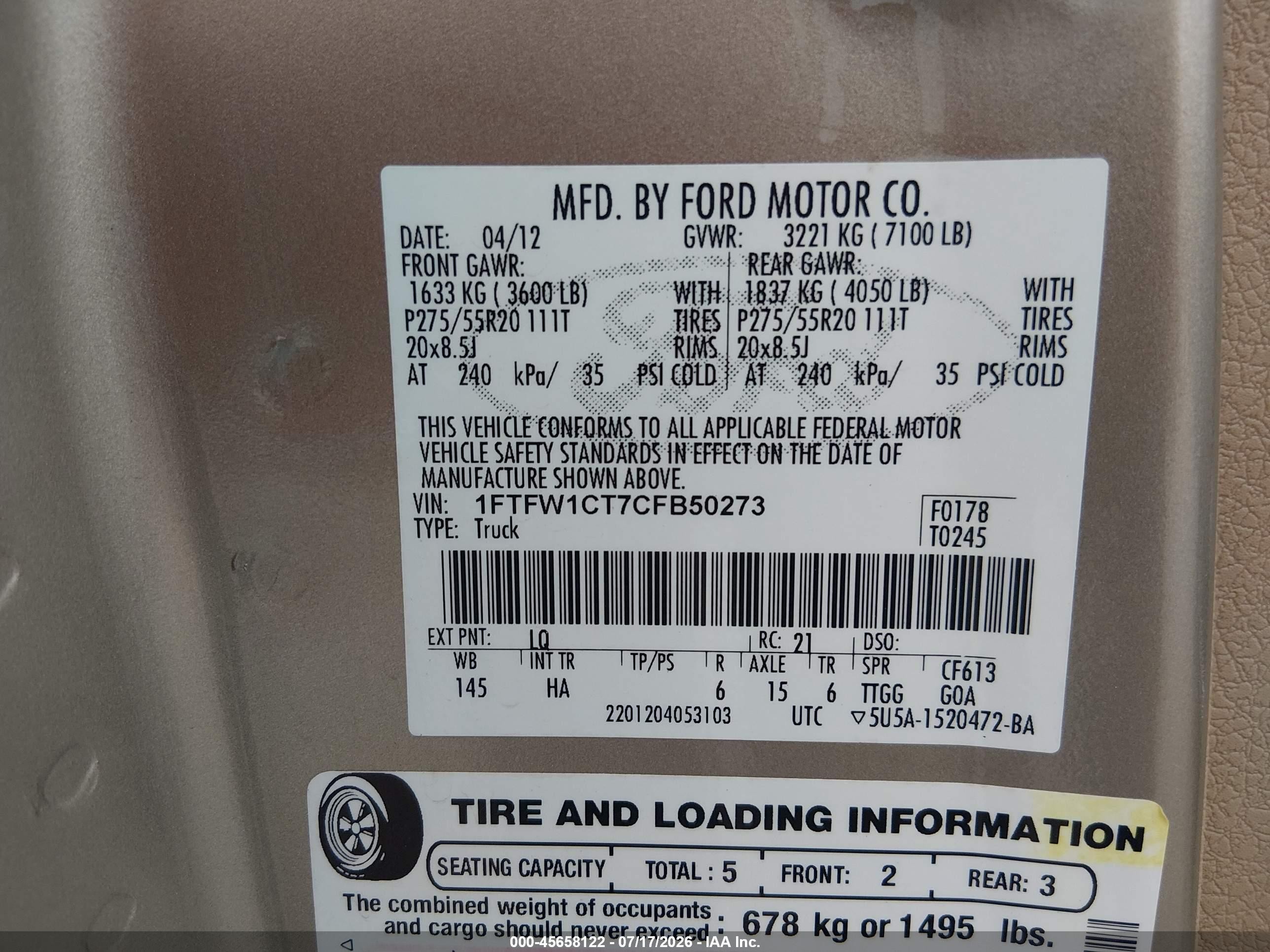 2012 Ford F-150 Lariat Gold vin: 1FTFW1CT7CFB50273