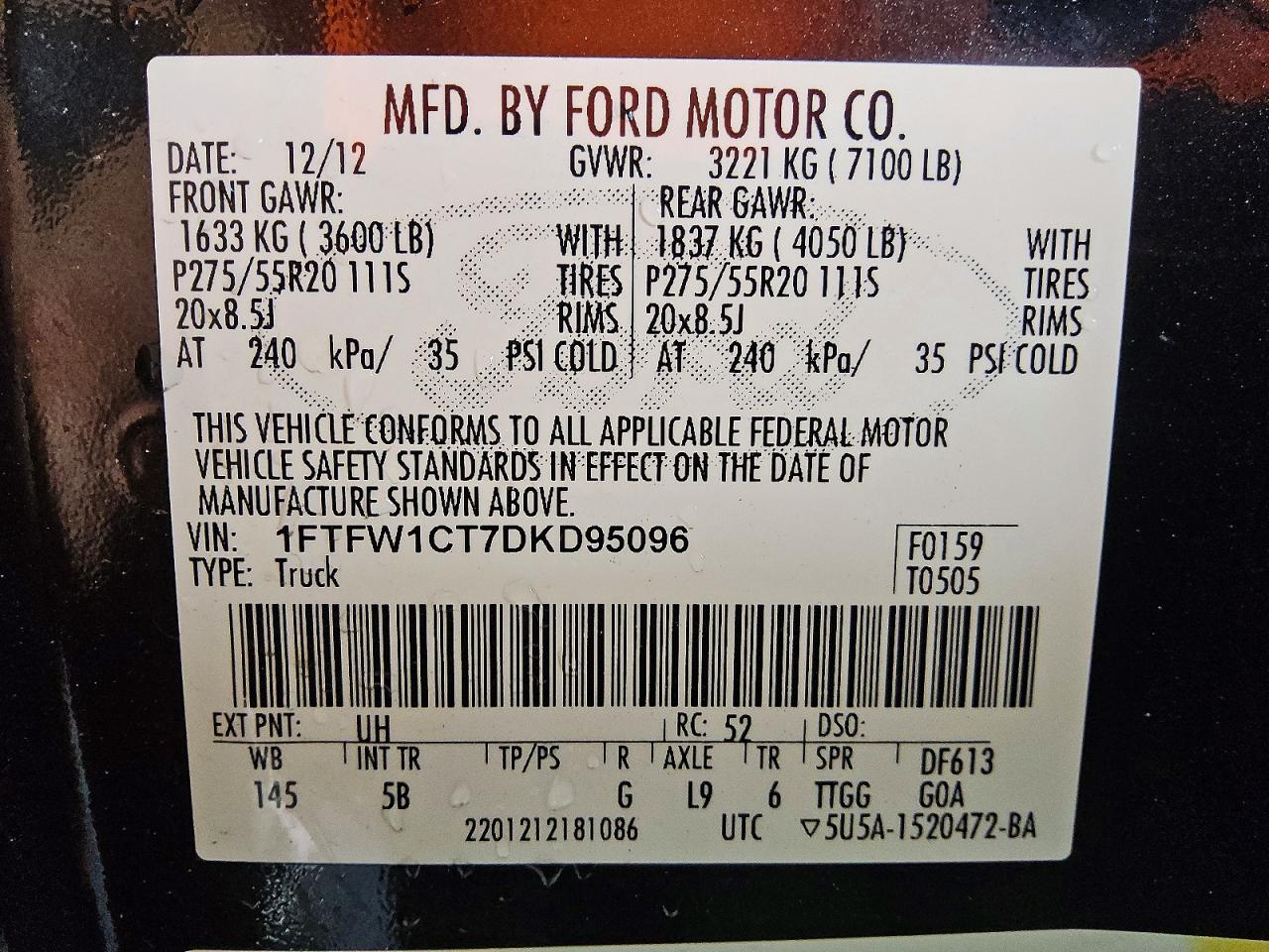 2013 Ford F150 Supercrew Black vin: 1FTFW1CT7DKD95096