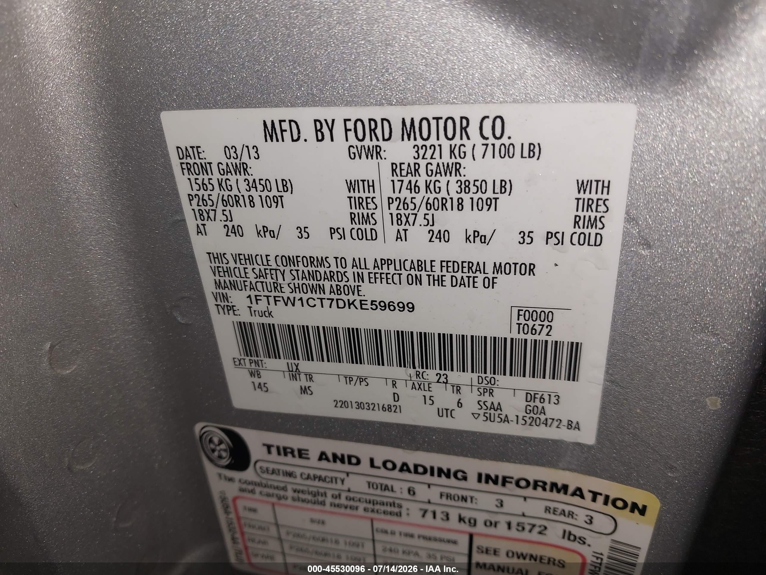 2013 Ford F-150 Fx2/king Ranch/lariat/limited/platinum/xl/xlt Silver vin: 1FTFW1CT7DKE59699