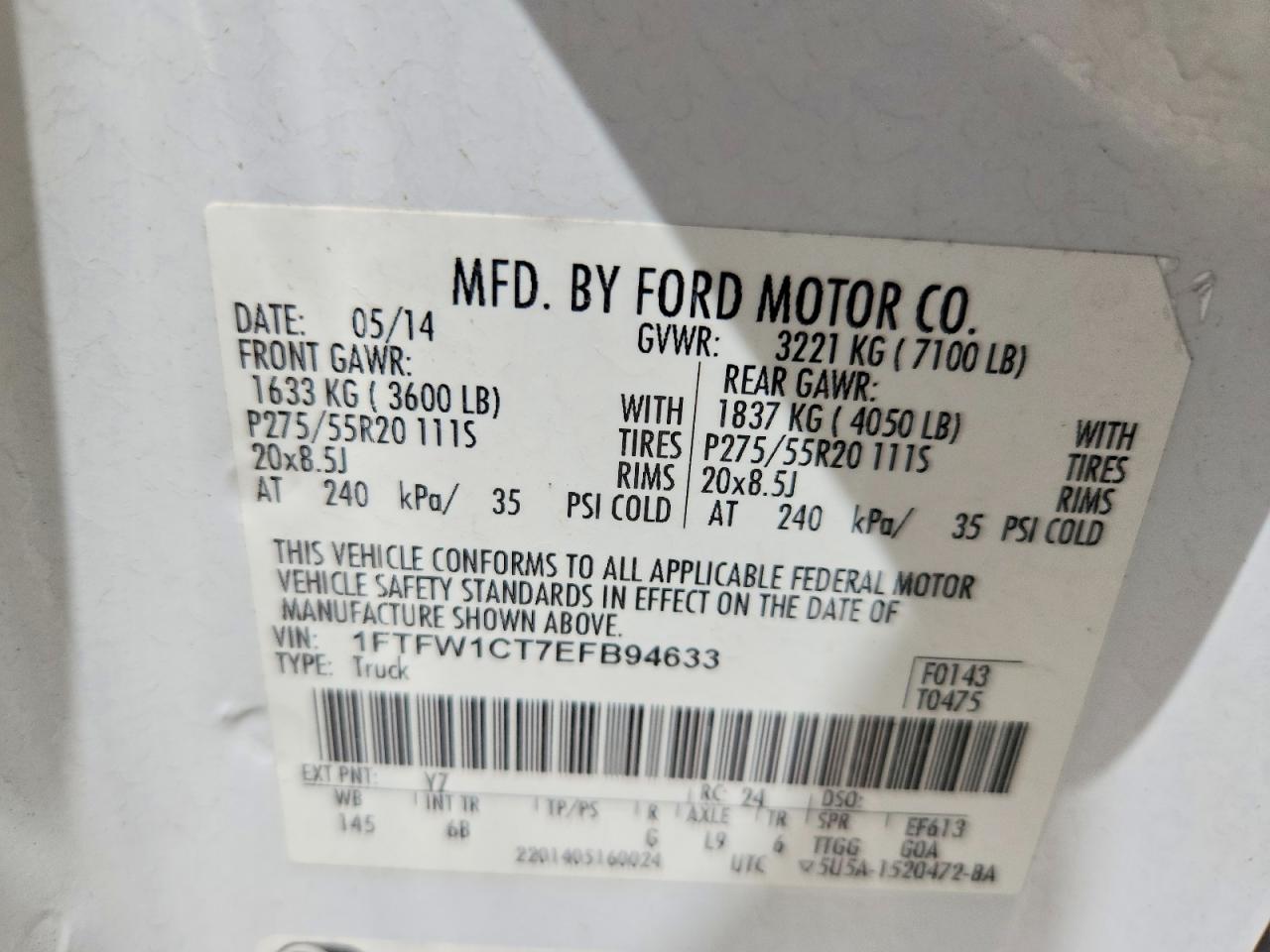 2014 Ford F150 Supercrew White vin: 1FTFW1CT7EFB94633